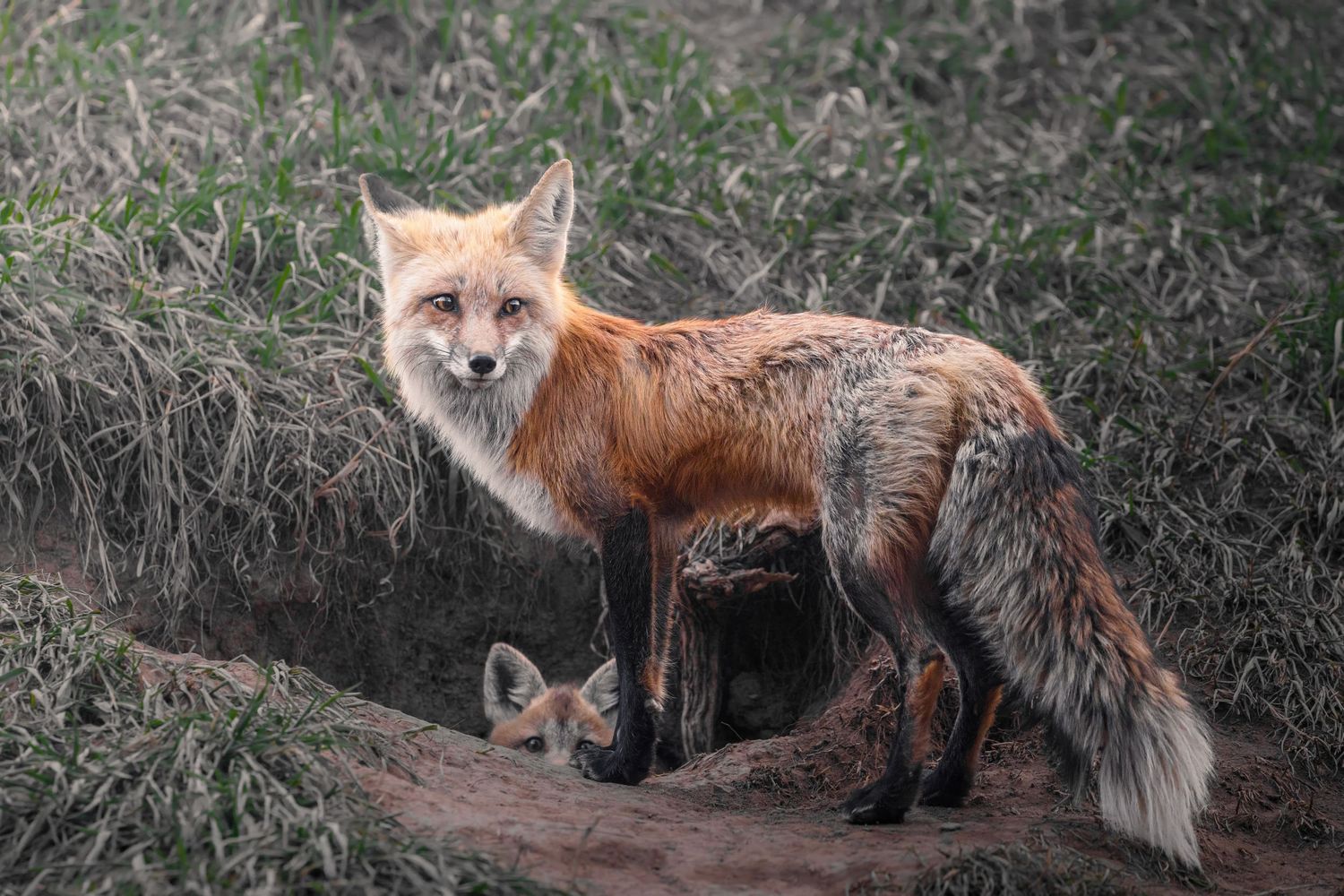 Red fox standing alert near its den in natural habitat.