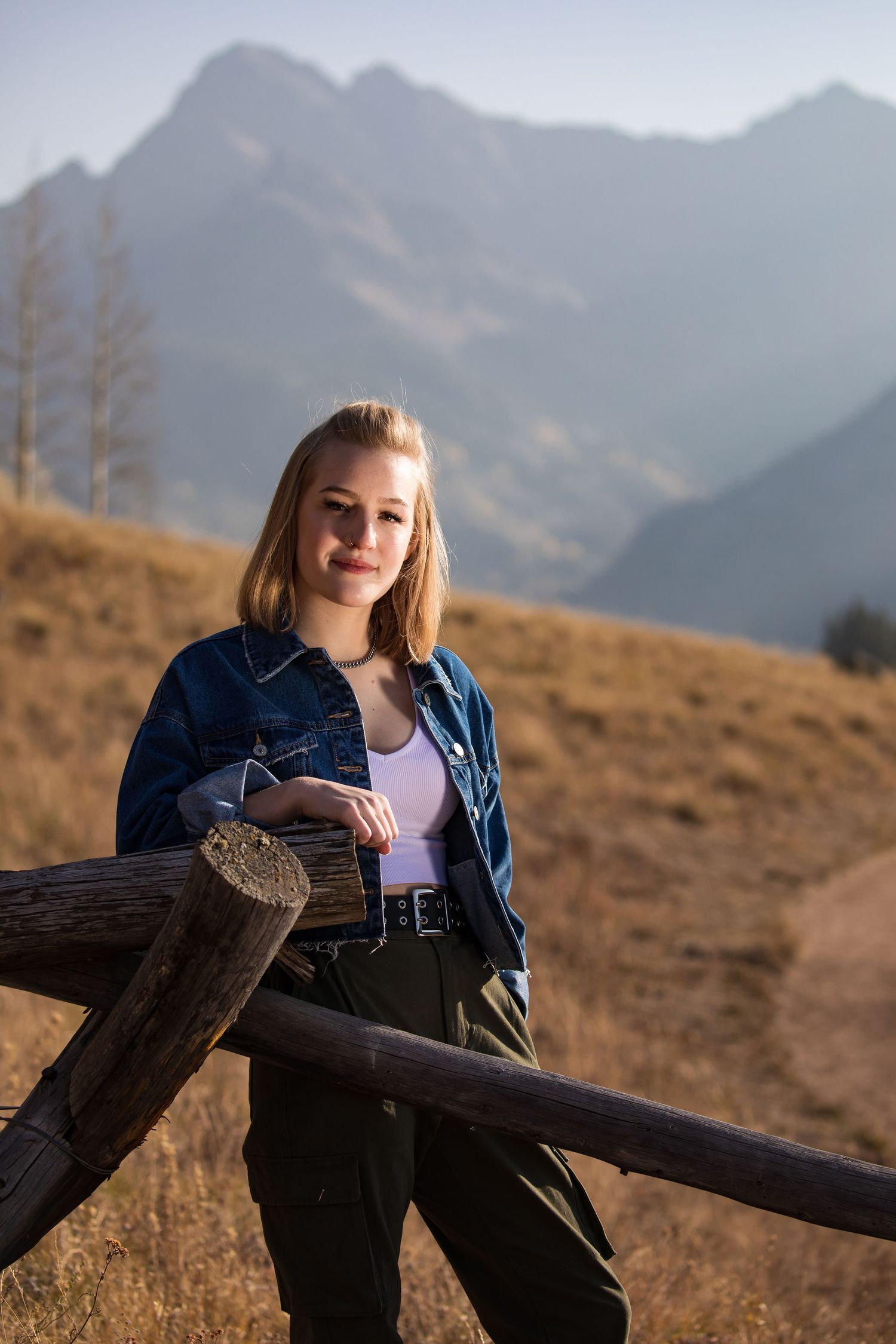 Person resting against wooden fence with sunlit mountain landscape in background.