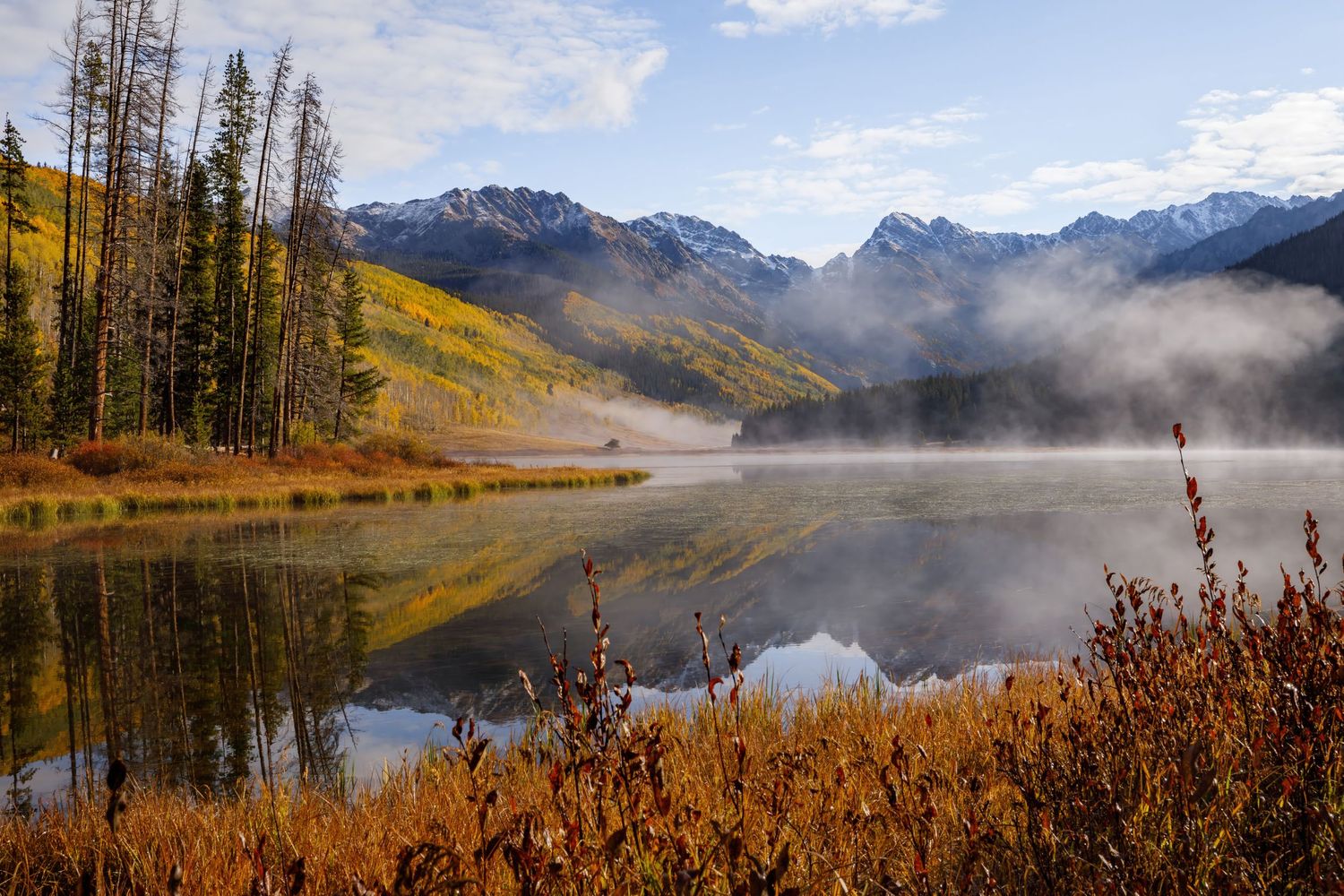 Misty mountain lake reflects autumn colors and evergreen forests along its peaceful shores.