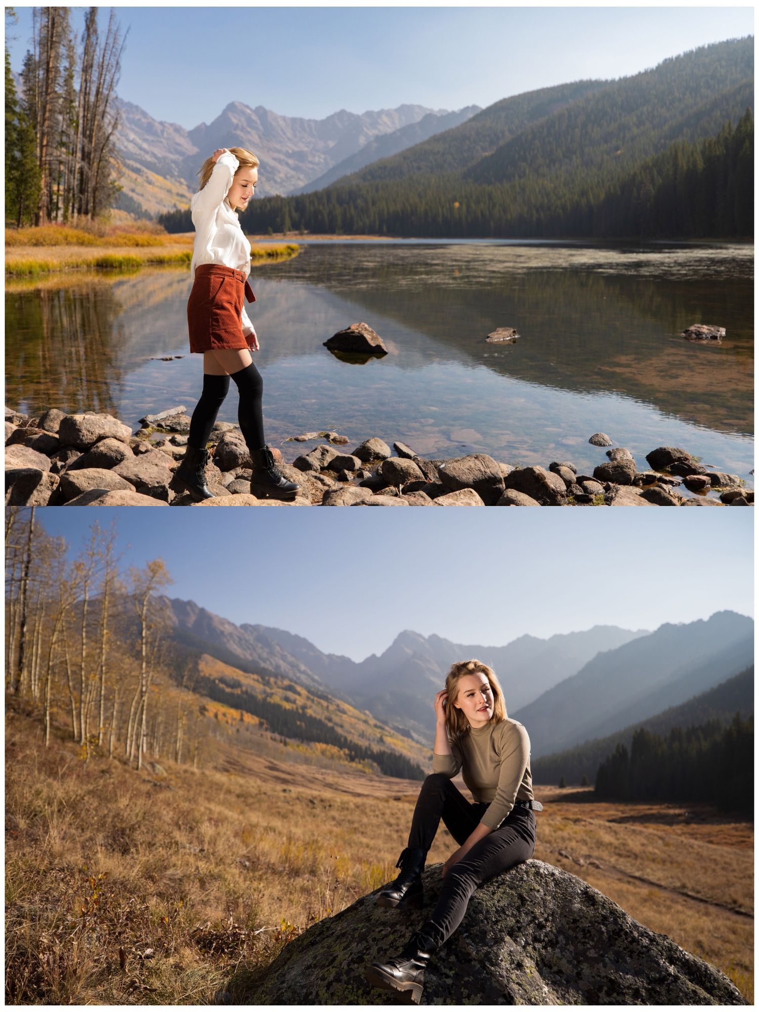 Scenic mountain lake views with person exploring rocky shoreline.