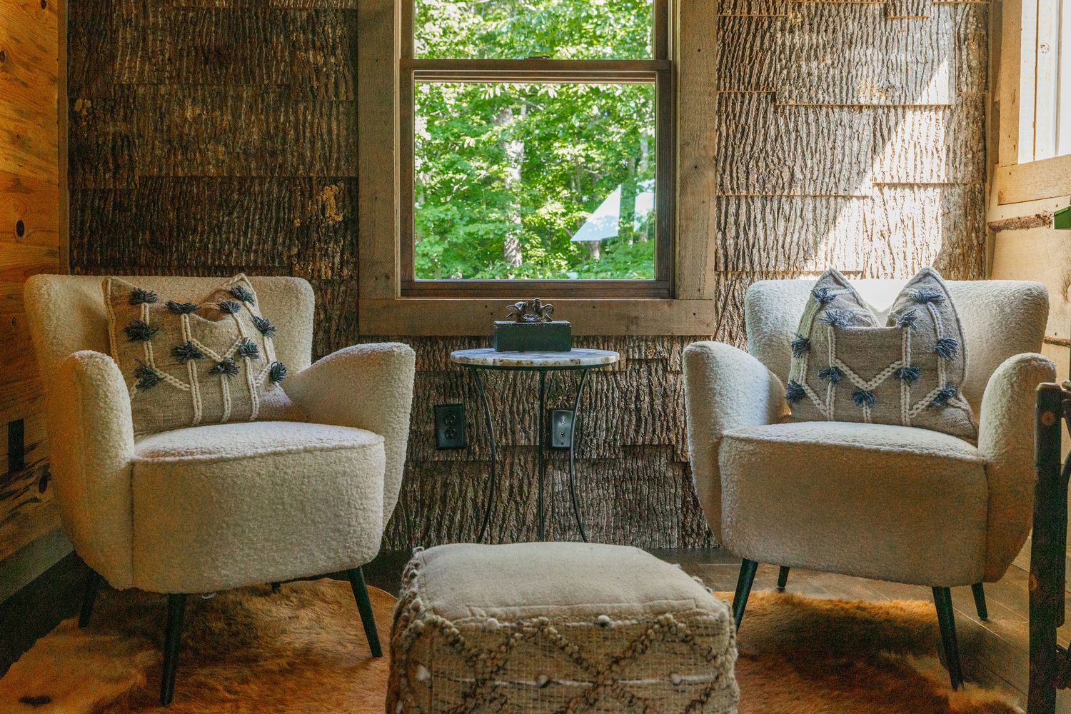 Rustic cabin interior with comfortable seating and natural wood accents.