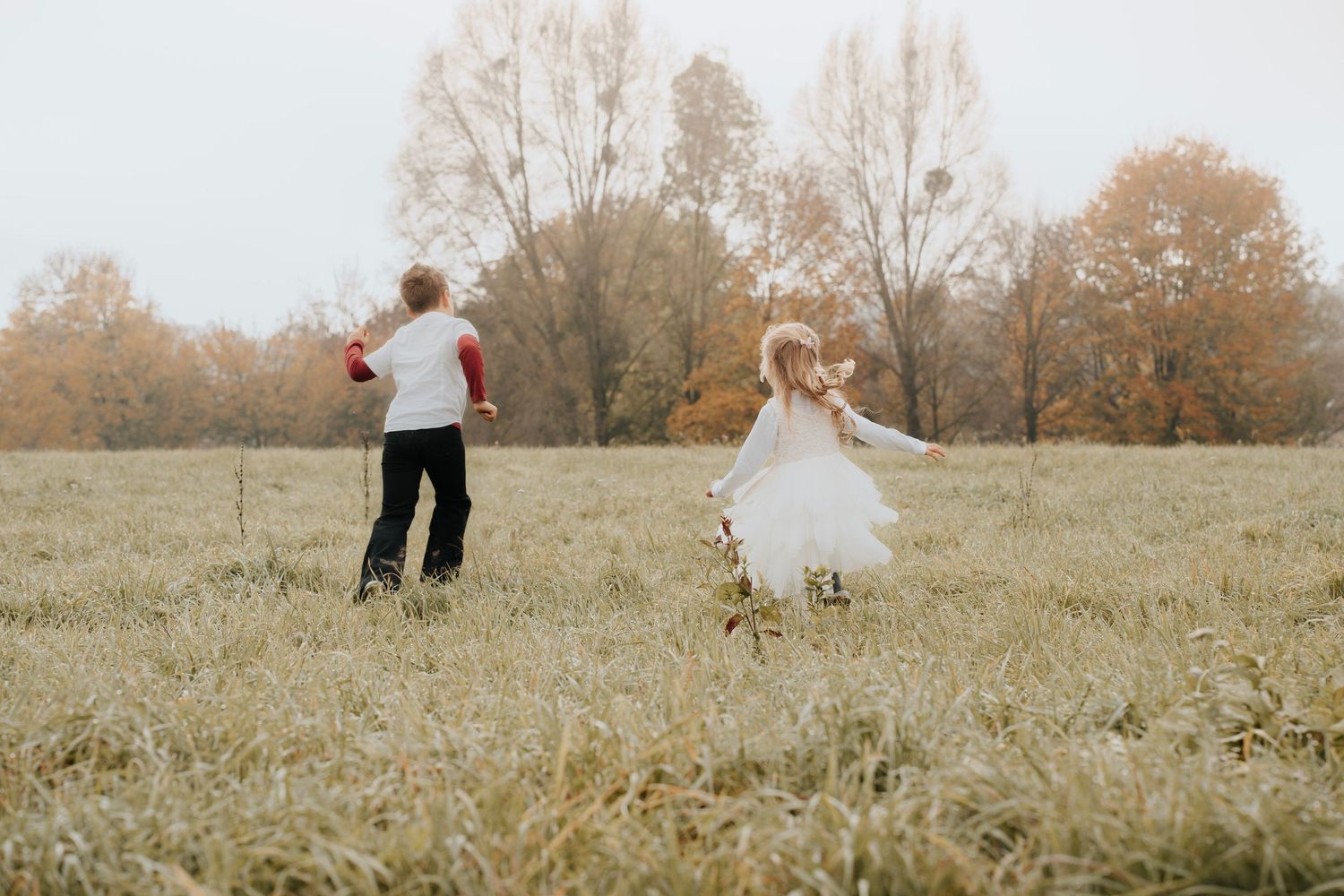 Two people running through a golden autumn field during sunset.
