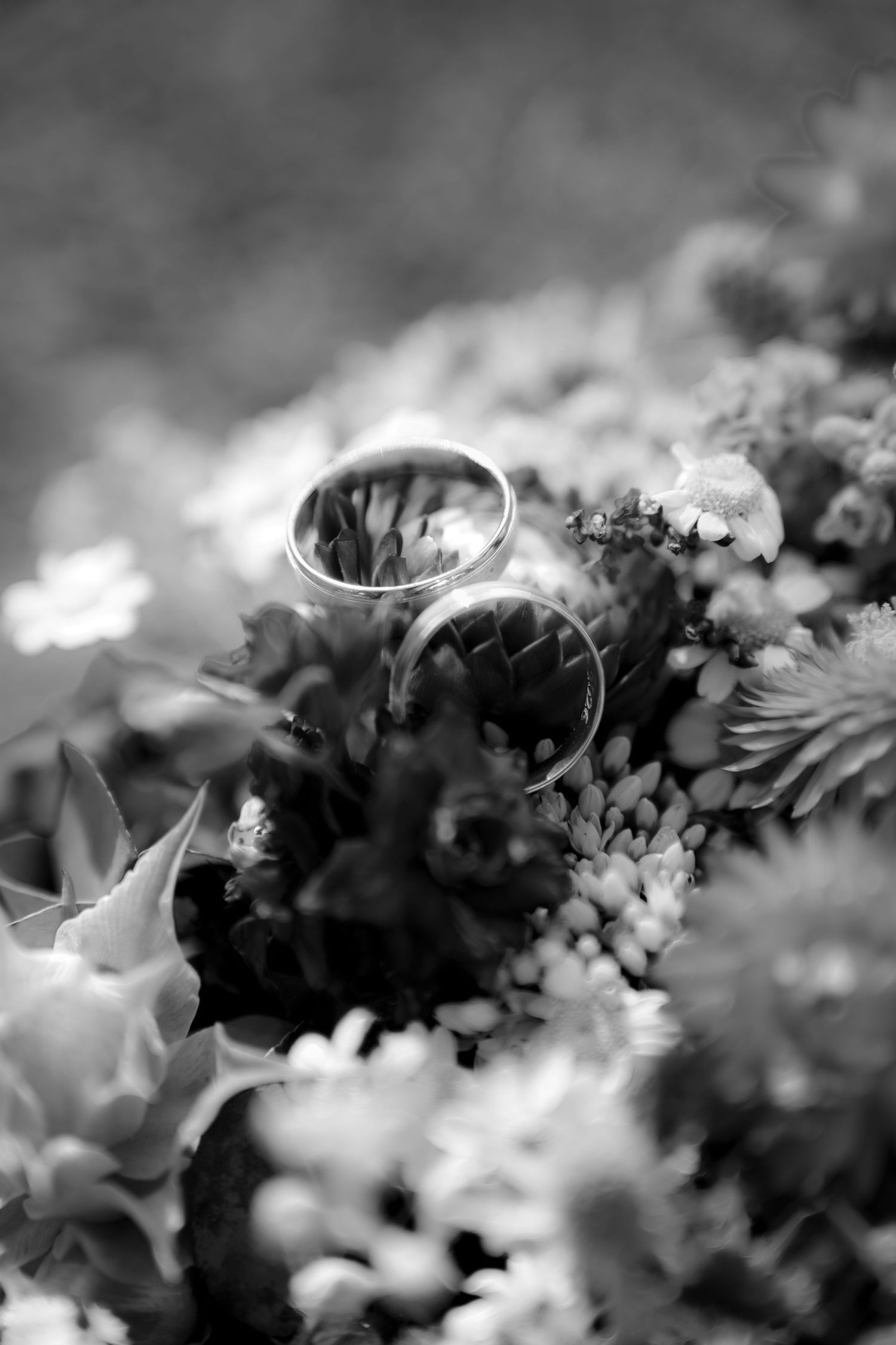 Black and white photo of two wedding rings resting on a bridal bouquet of flowers.