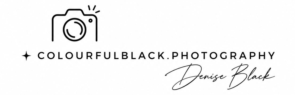 Logo for Colourful Black Photography by Denise Black, featuring a minimalist camera icon and elegant script font.