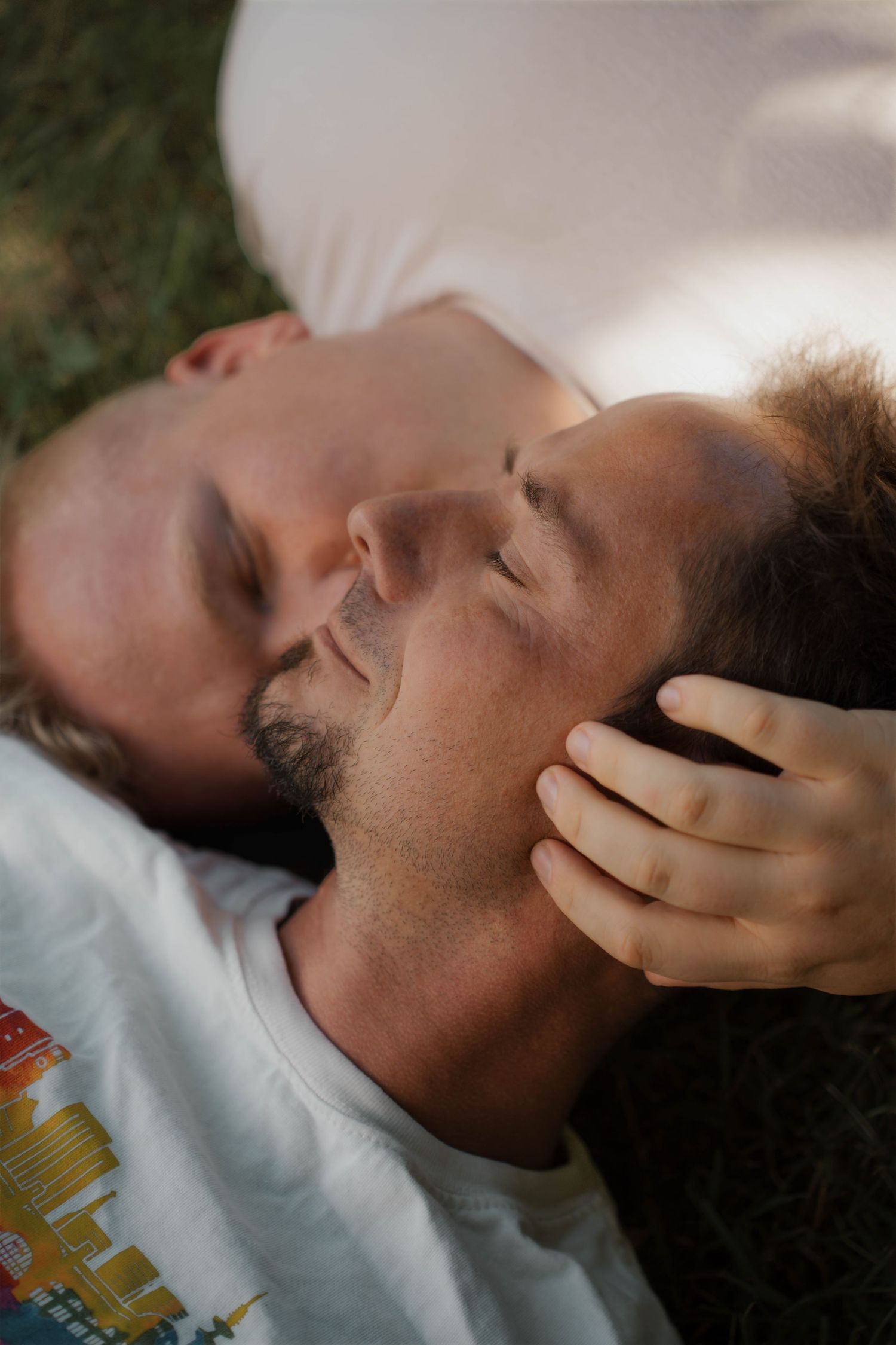 Two men lying on grass, one tenderly cradling the other's face in an intimate outdoor moment.