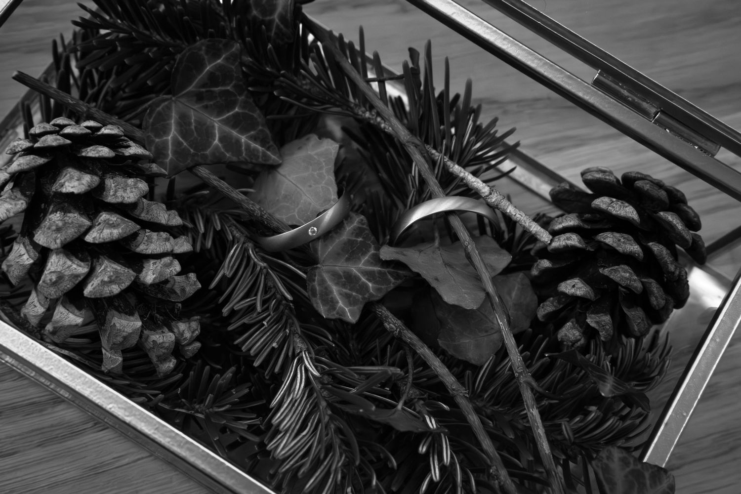 Black and white photo of pine cones and evergreen branches arranged in a decorative tray centerpiece.