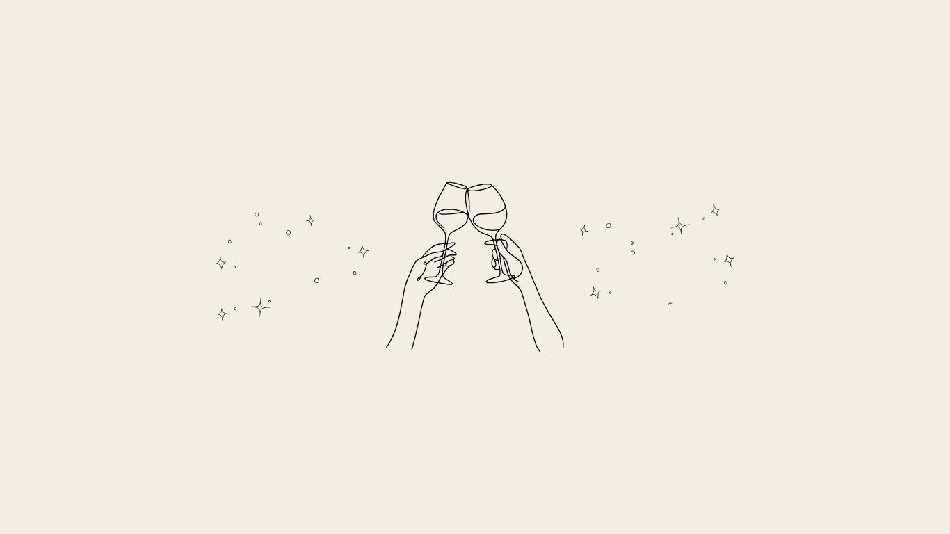 Minimalist line art of two hands toasting champagne glasses with sparkling stars on cream background. SeduXion Studio Boudoir Photographer