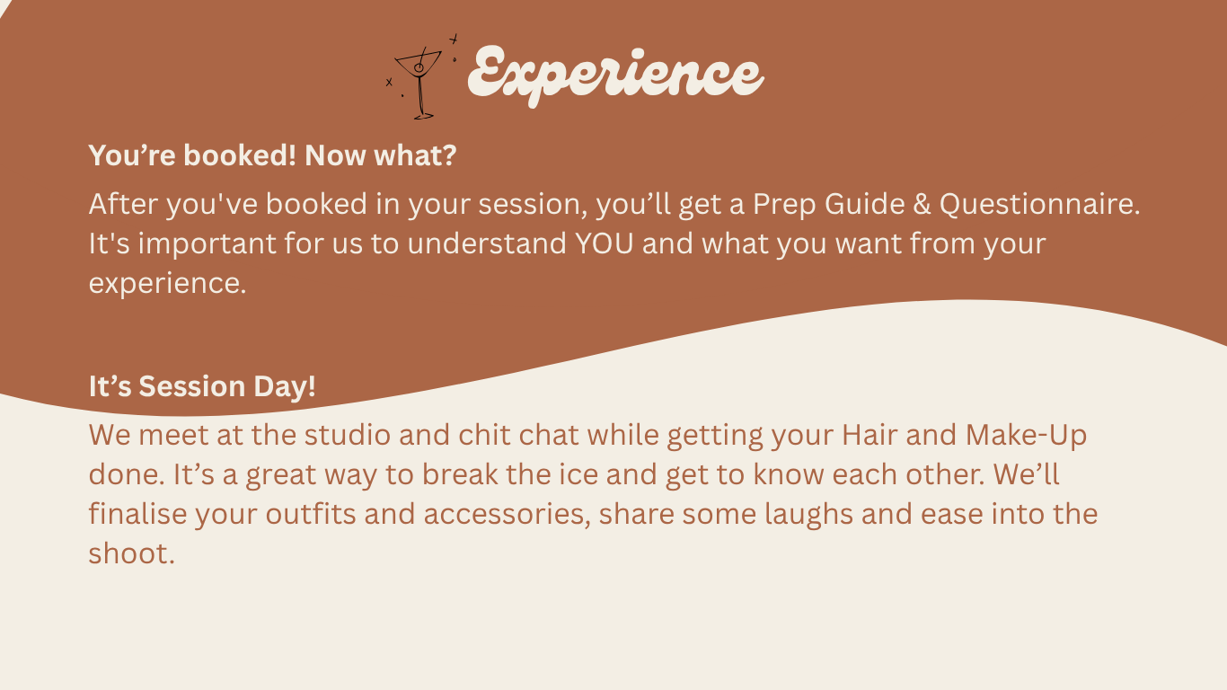 Infographic detailing a photography session experience, covering booking prep, questionnaire, and session day hair, makeup, and outfit tips.