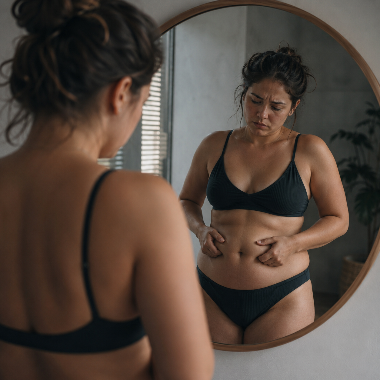 Midsize woman stands facing a mirror, criticising her body as she learns to love herself. SeduXion Studio Perth WA