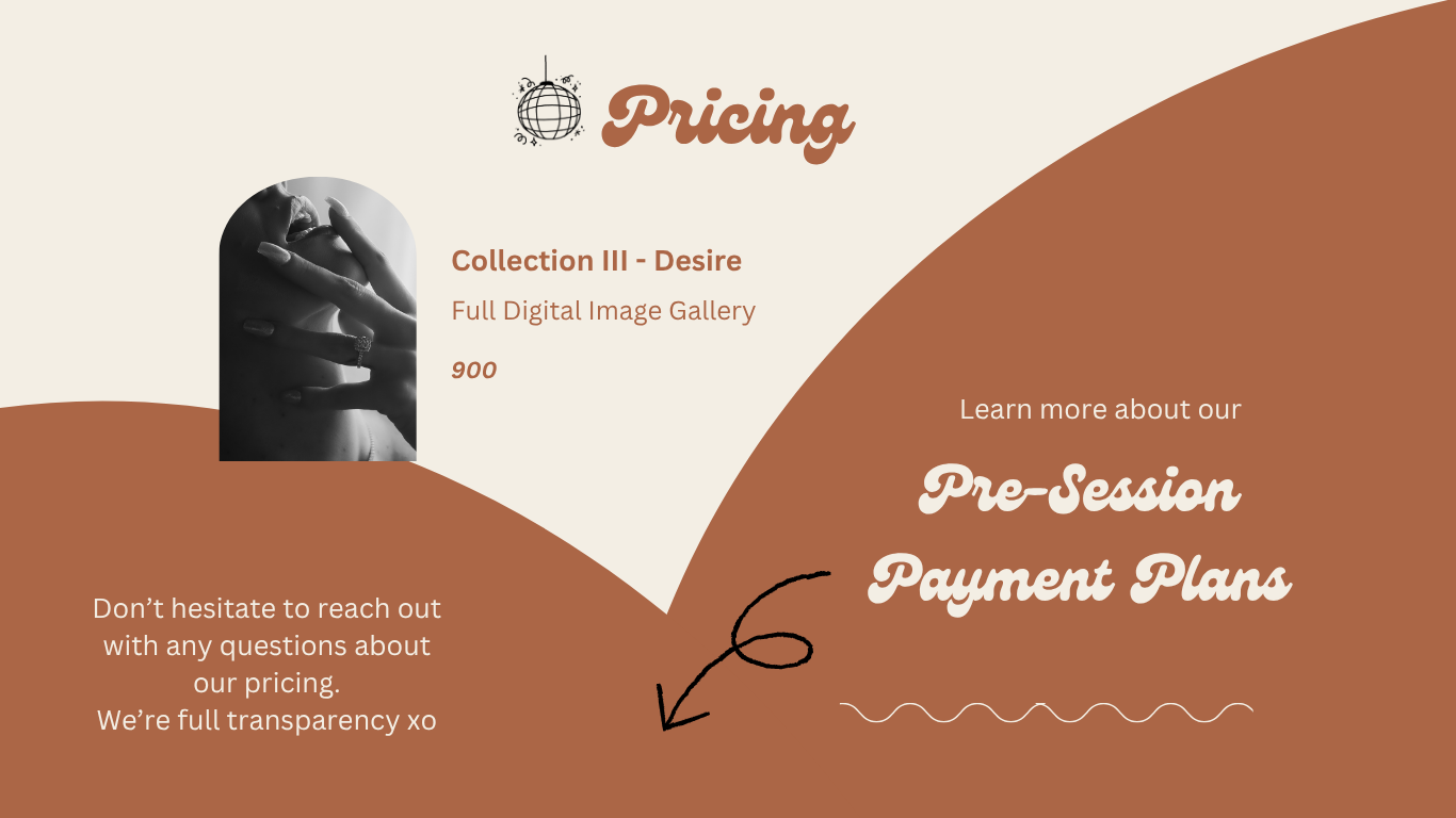 Photography pricing slide showcasing Collection III Desire with pre-session payment plans on a beige and terracotta background.