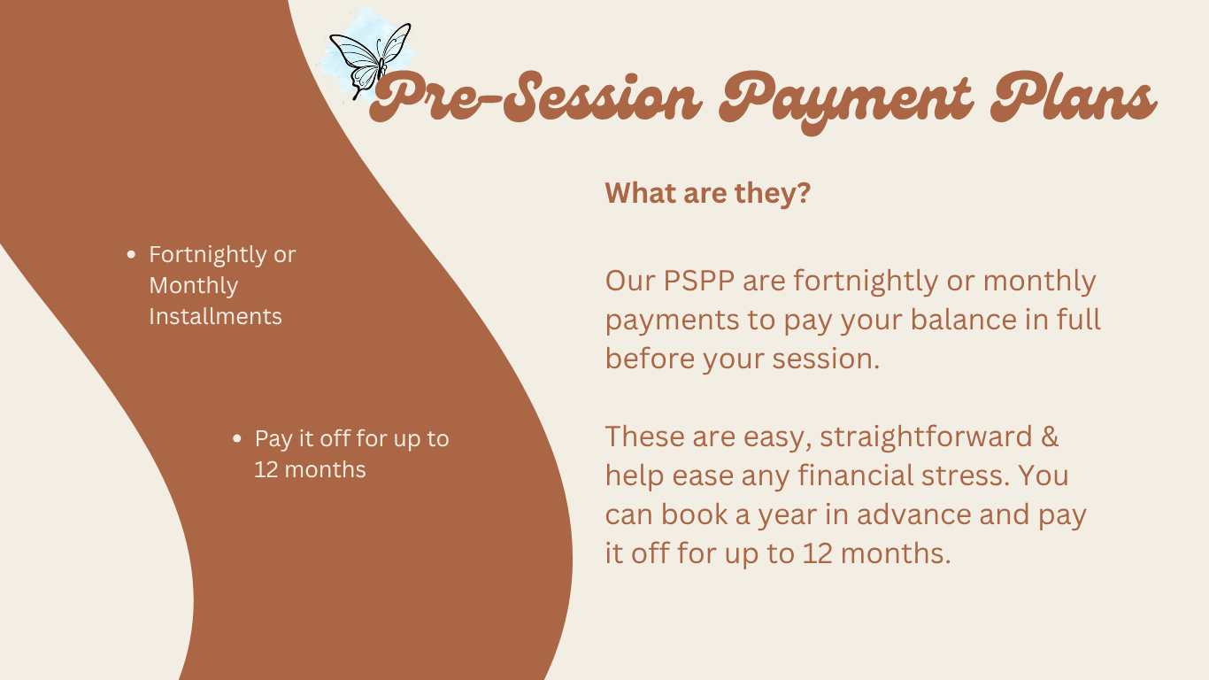 Informational slide explaining pre-session payment plans with fortnightly or monthly installments payable up to 12 months. SeduXion Studio
