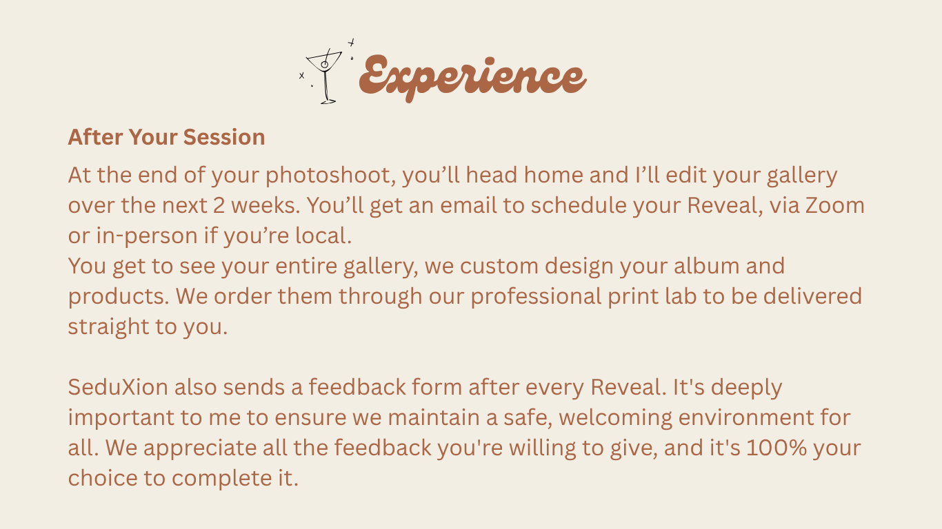Photography experience guide detailing post-session gallery editing, reveal process, and custom album design services. SeduXion Studio WA