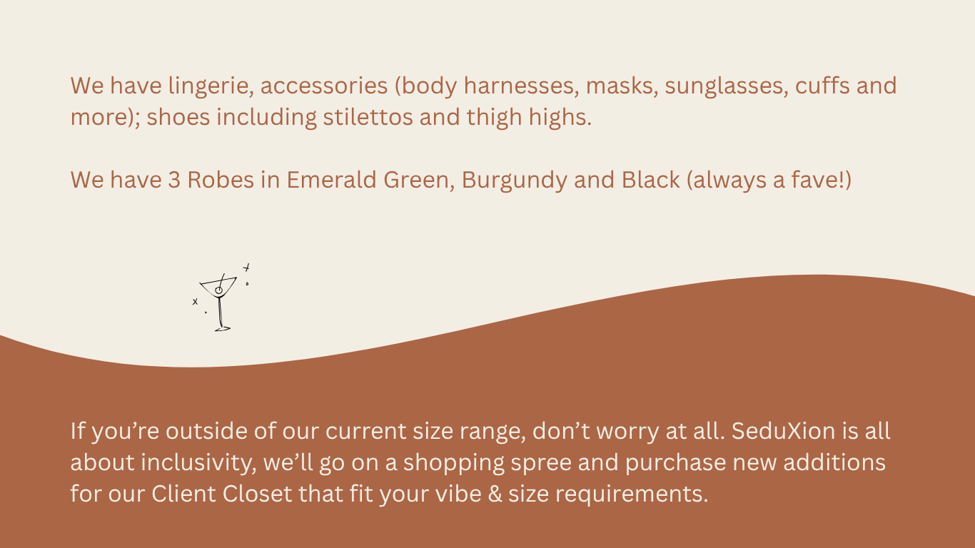 Slide showing lingerie accessories, shoes, robes in Emerald Green, Burgundy and Black, with inclusivity size range shopping policy. Perth WA