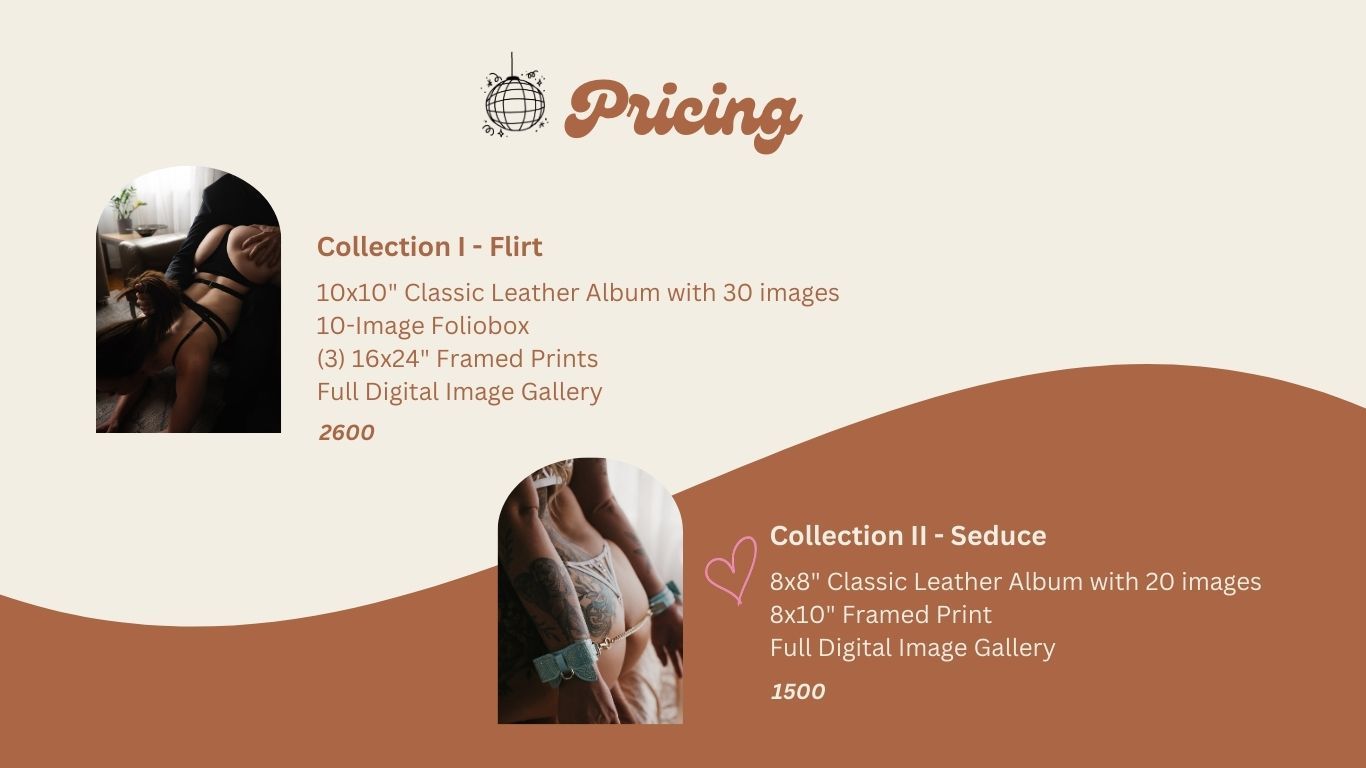 Photography pricing slide showing two collections, Flirt and Seduce, with leather albums, prints, and digital galleries on warm background.