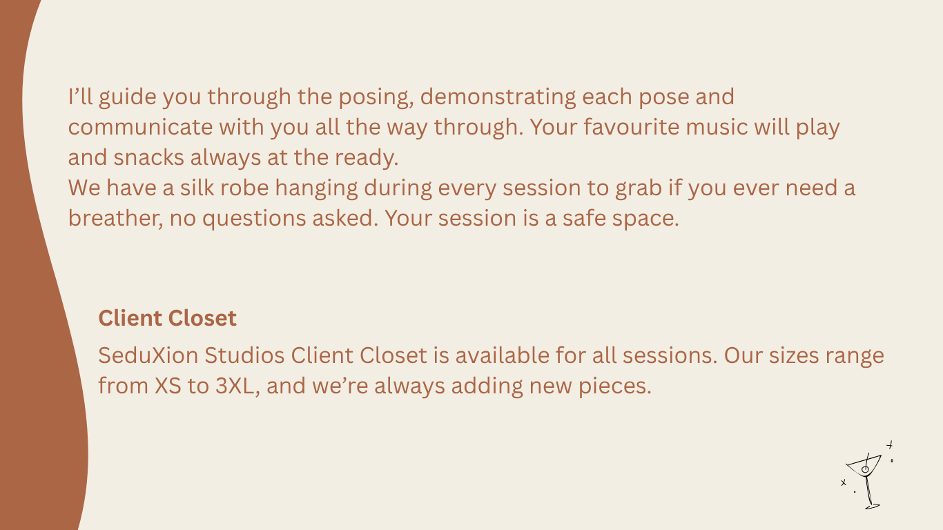 Photography studio client closet and session info slide detailing safe space policies and XS to 3XL size range. Boudoir Photographer Bunbury