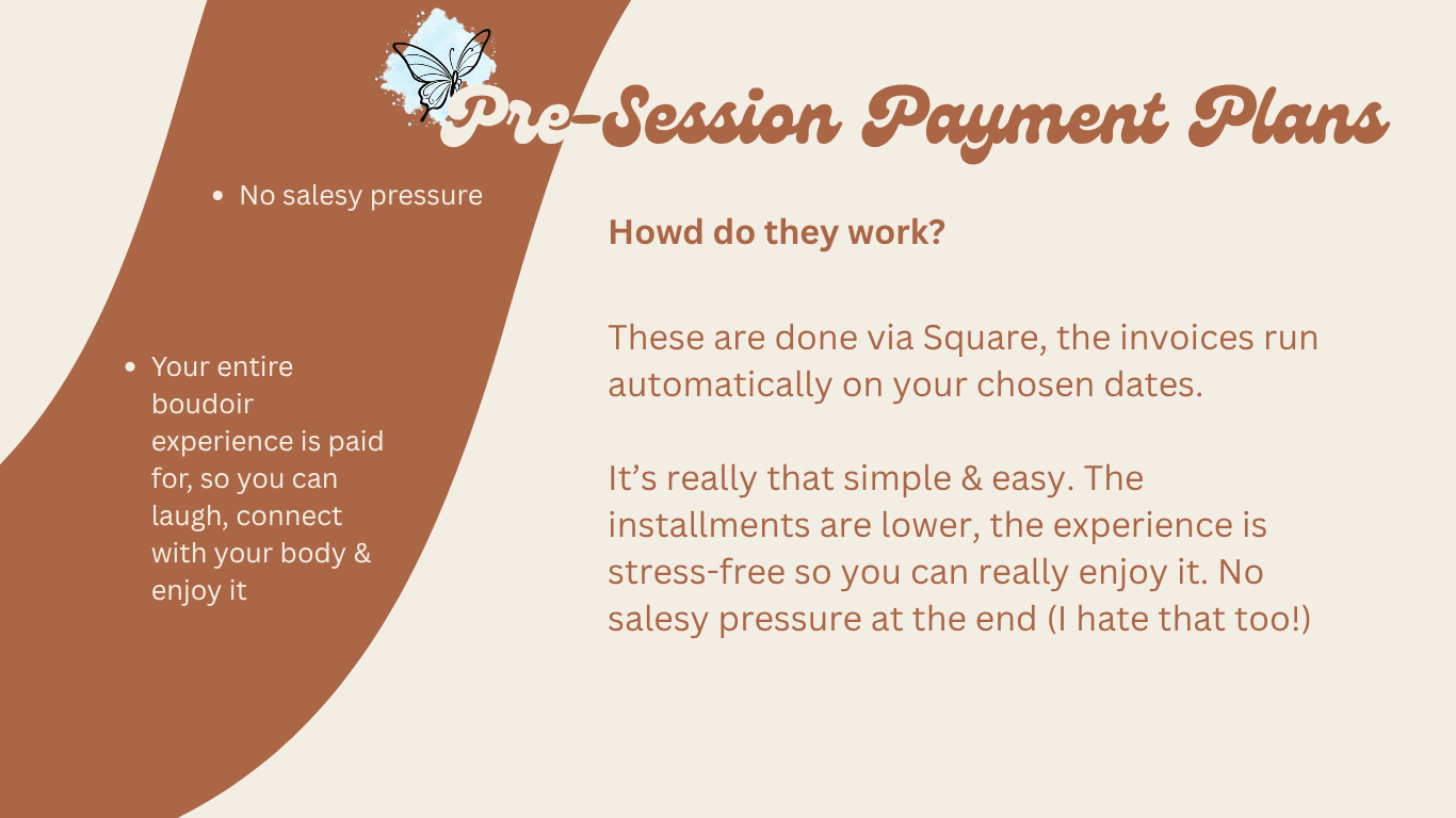 Pre-session payment plans slide explaining stress-free installments via Square with automatic invoicing on chosen dates. SeduXion Studio WA