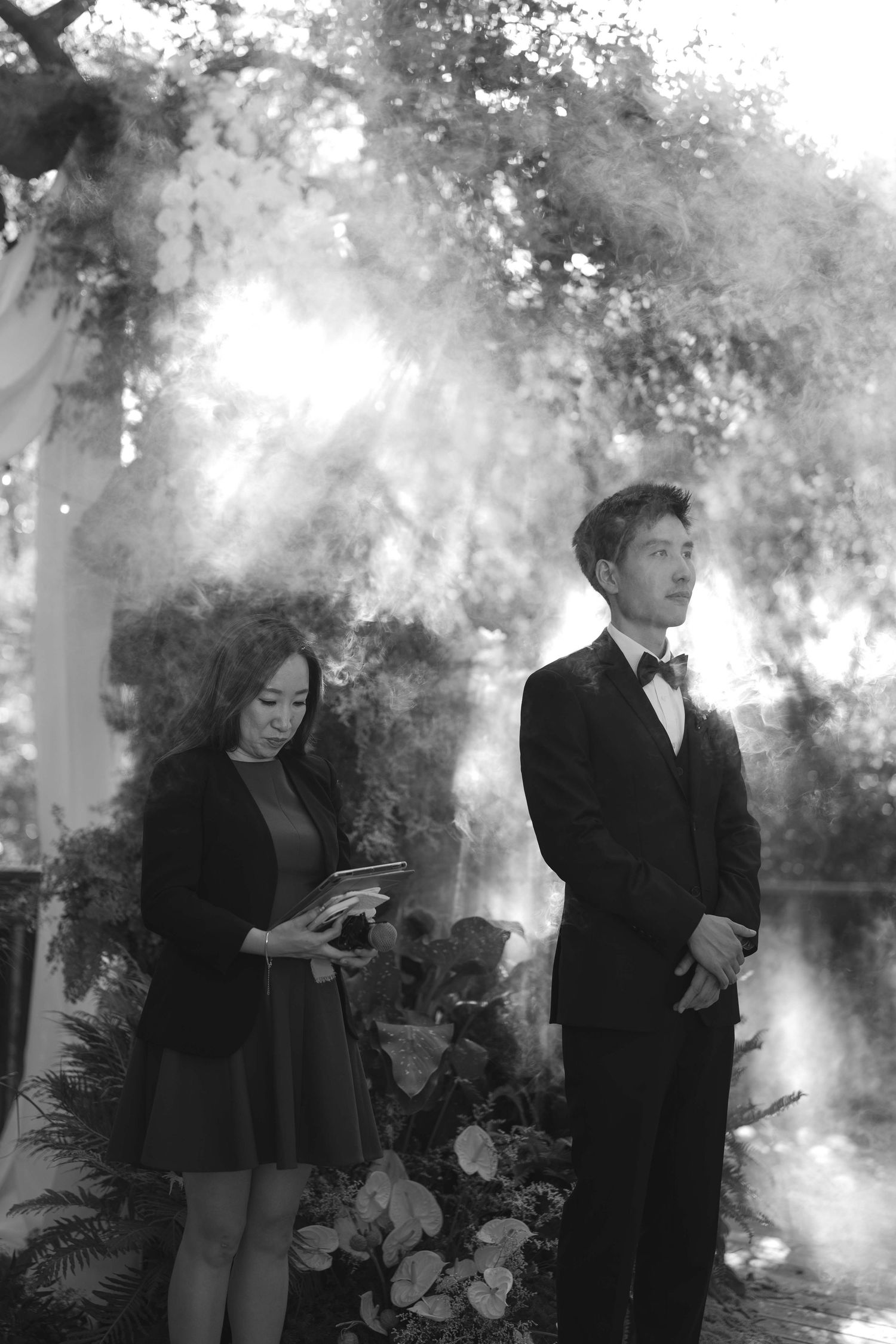 Wedding party members in formal attire pose among misty trees.