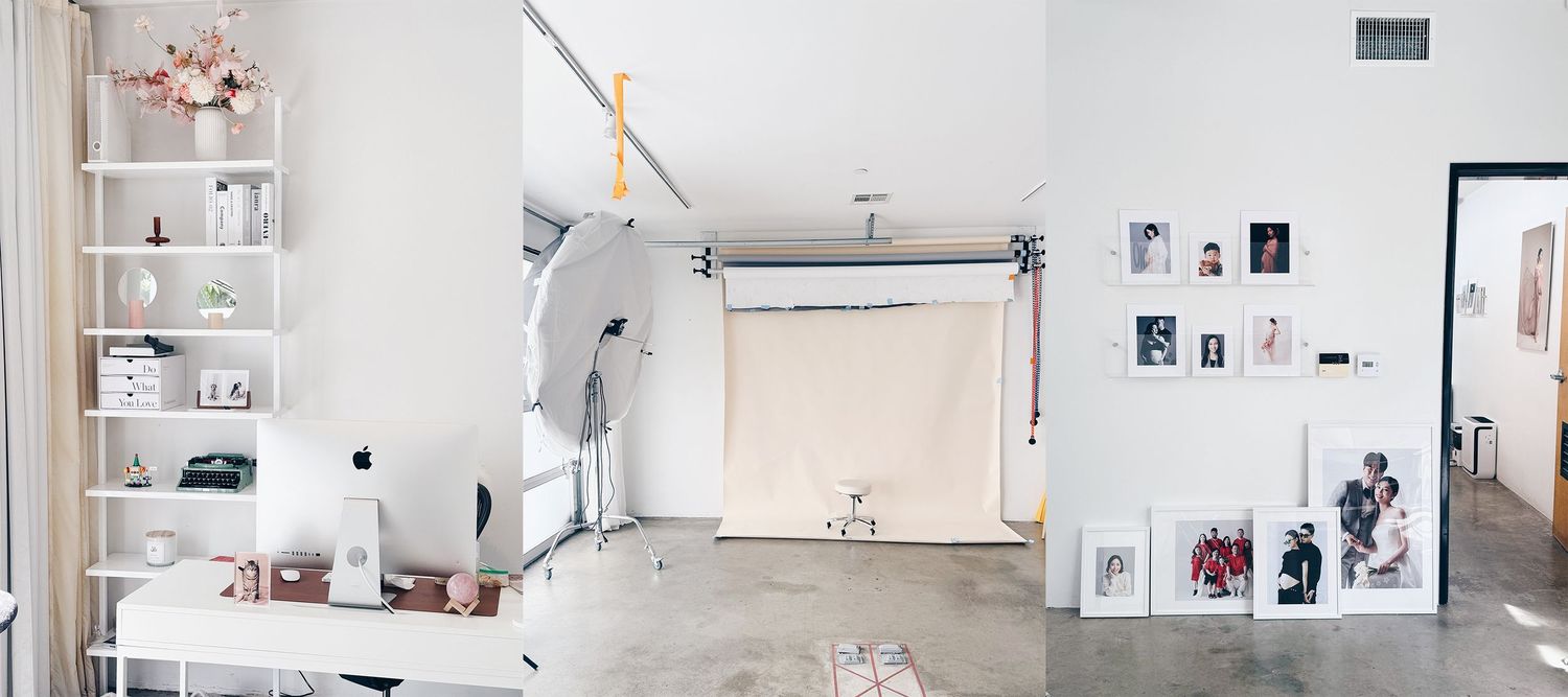 Clean minimalist photography studio interior with white walls and natural lighting.