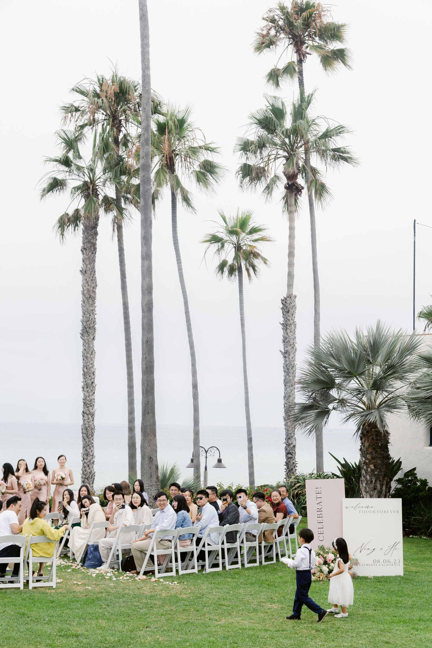 Outdoor wedding ceremony setup with tall palm trees and white chairs on a lawn.