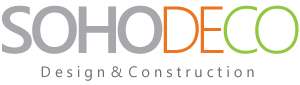 Modern logo design for Soho Deco design and construction company in gray and orange.