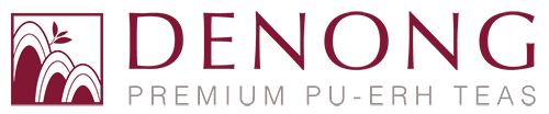 Burgundy colored logo design for Denong Premium Pu-erh Teas with leaf motif.