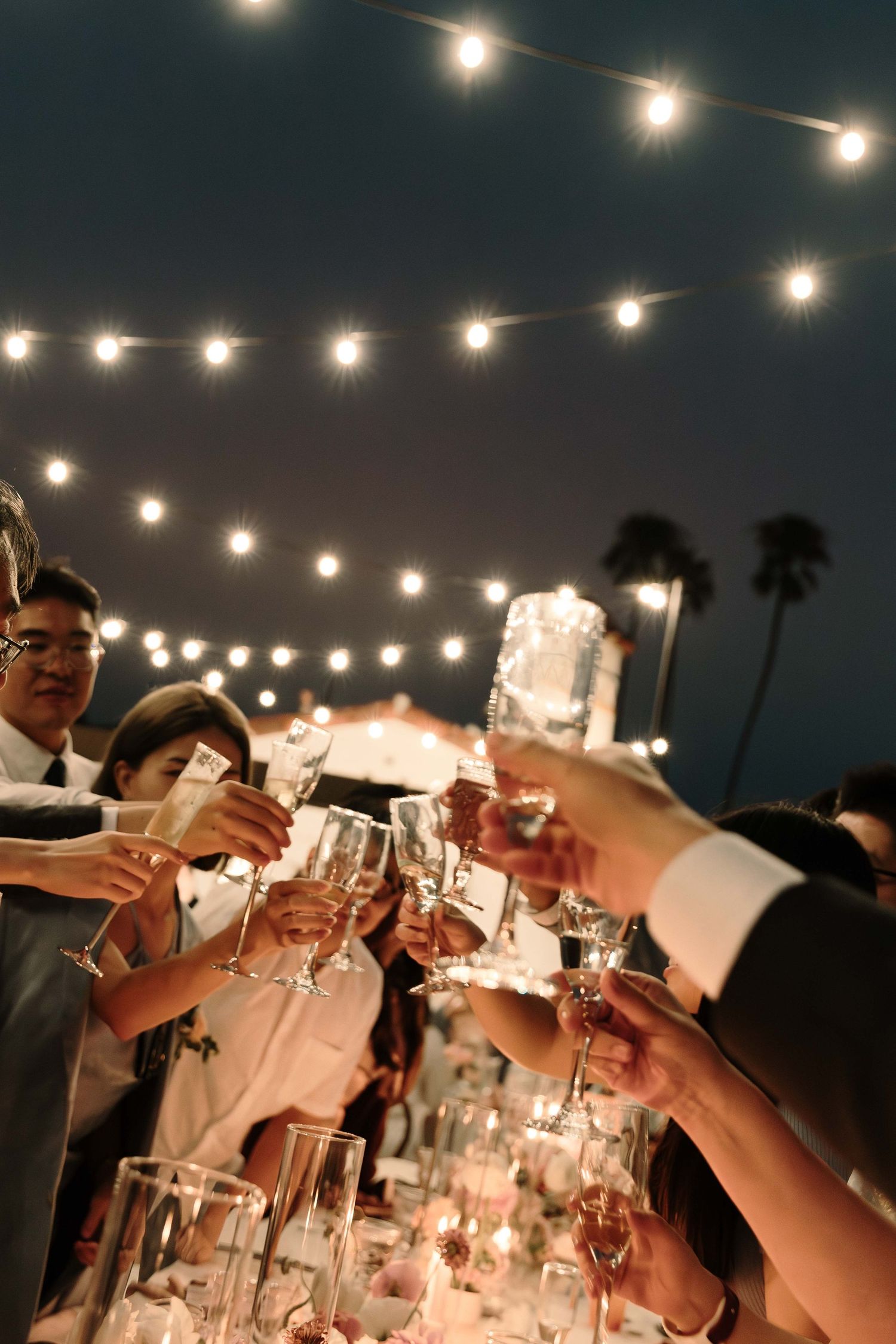 String lights illuminate wedding reception toasts with glasses raised against a dark evening sky.