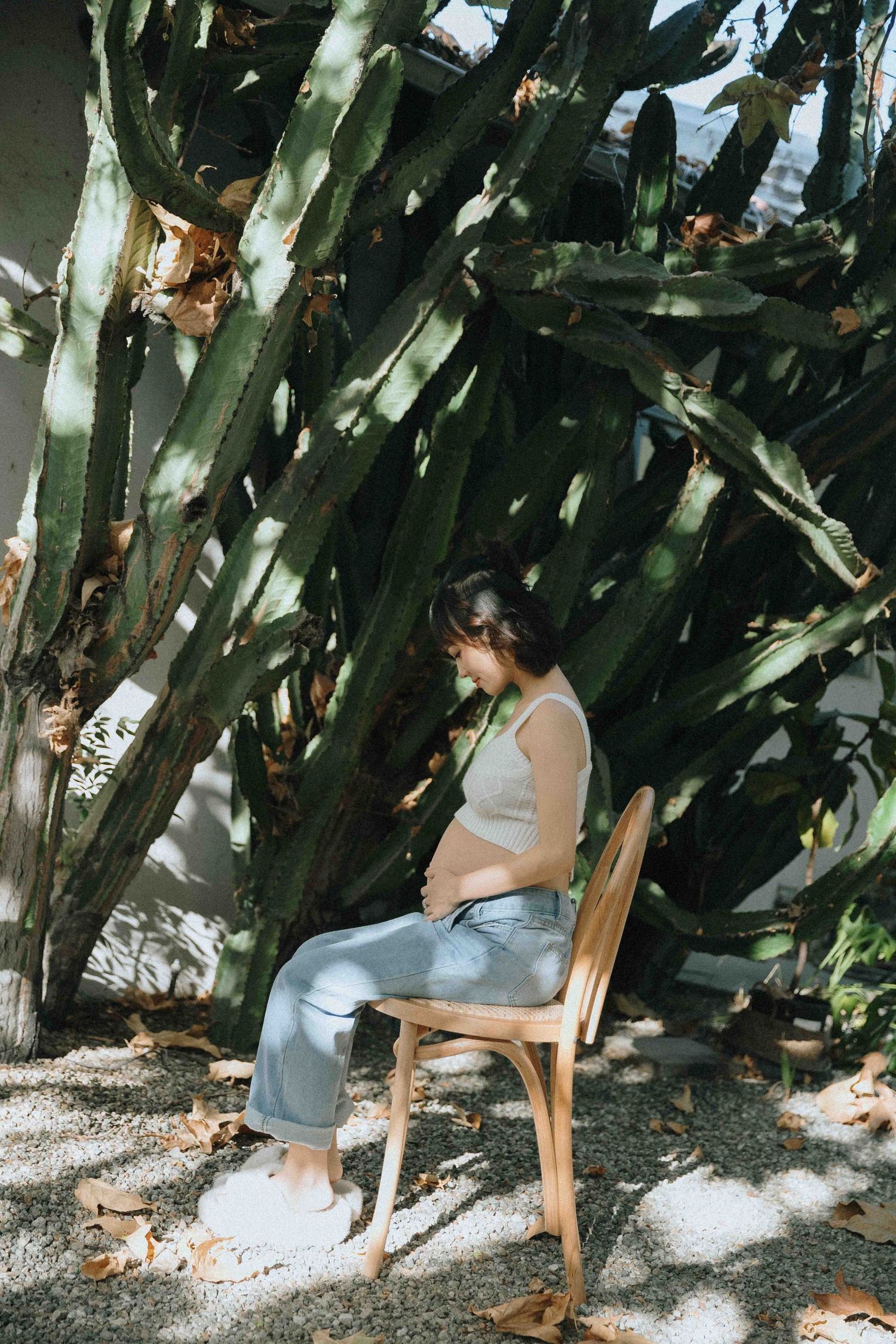 Serene maternity portrait in garden setting with wooden chair and tropical plants.
