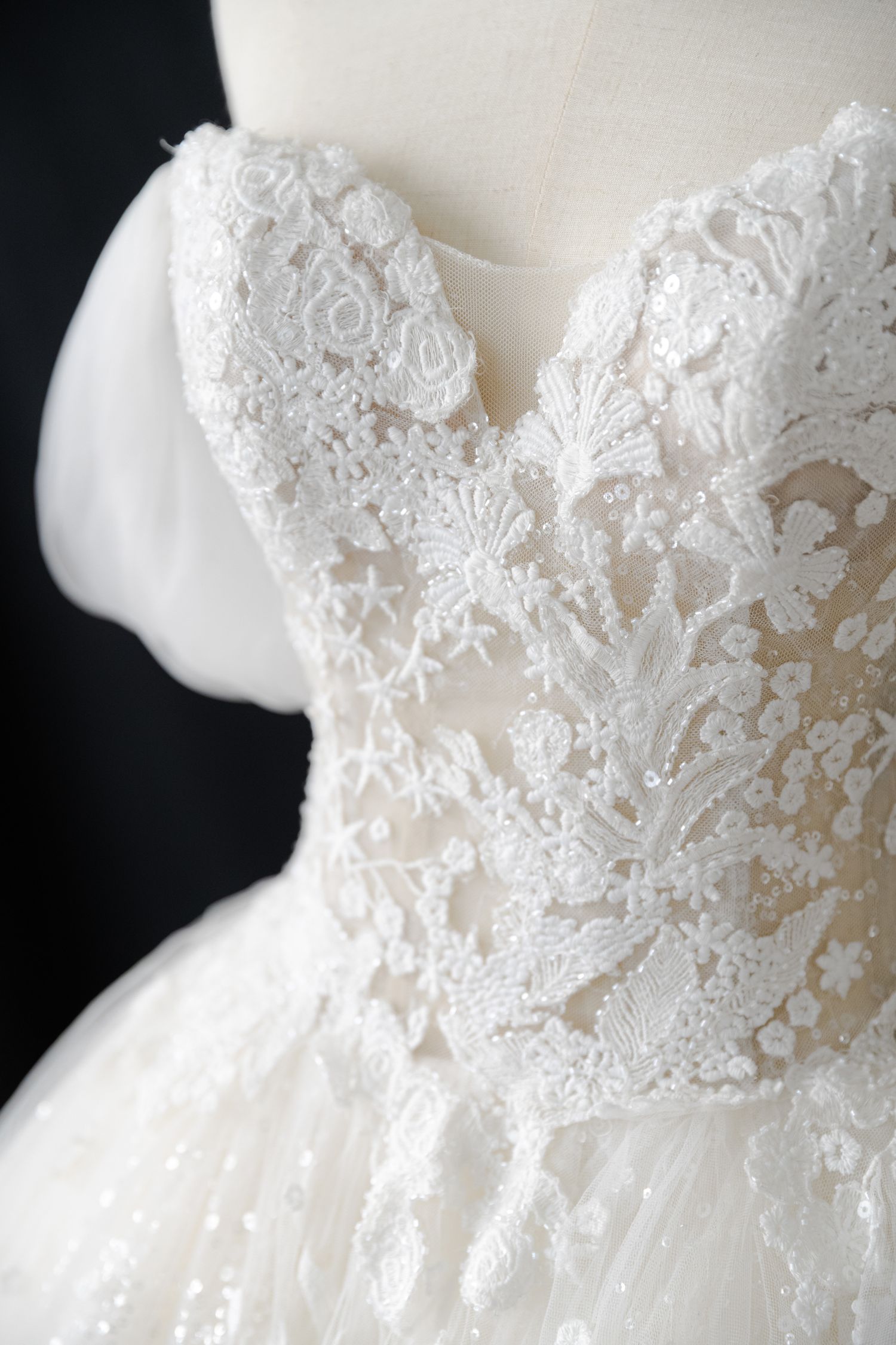 Detailed view of ornate lace appliques on wedding dress bodice.