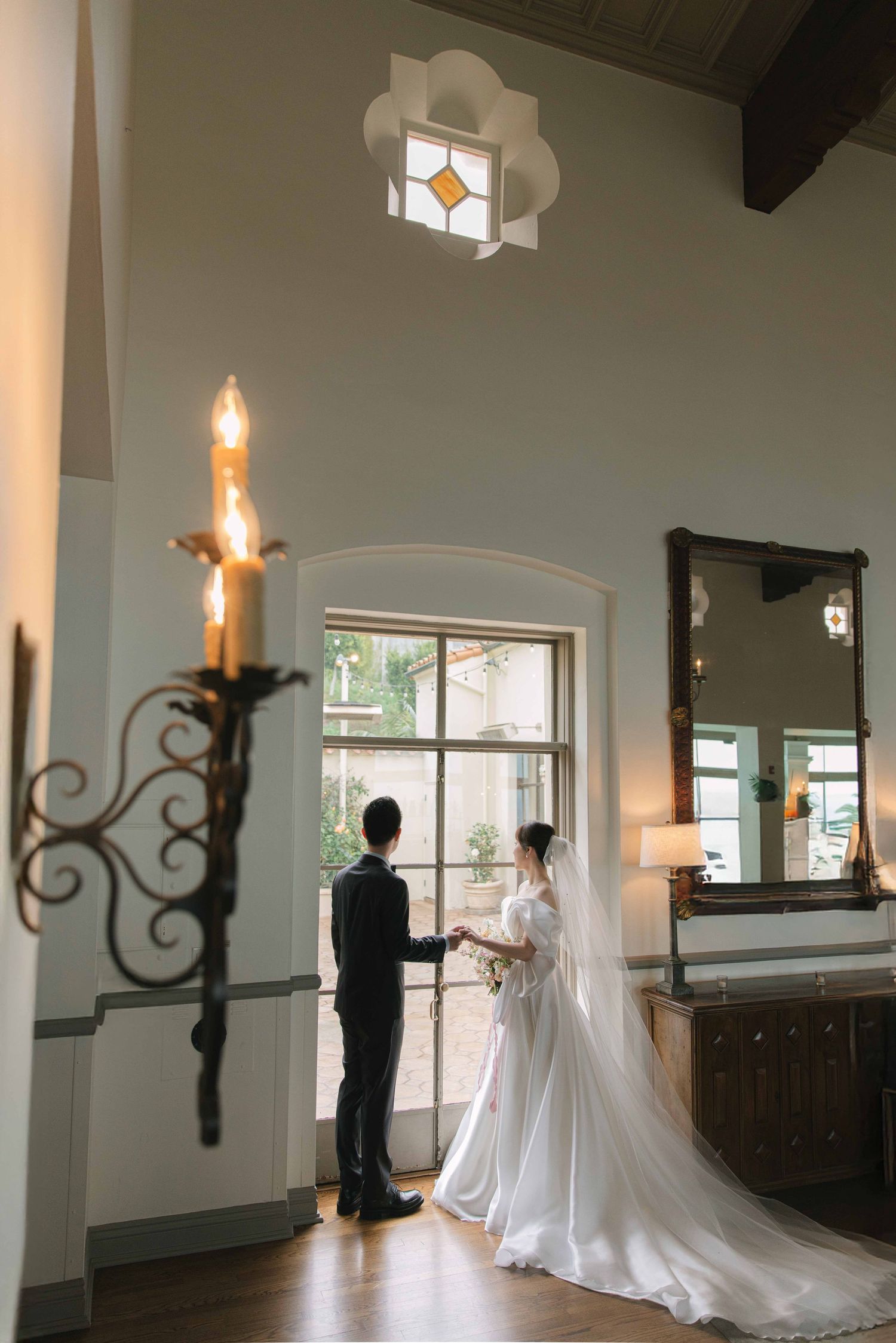 Wedding photography sequence showing couple in elegant church interior with natural lighting.