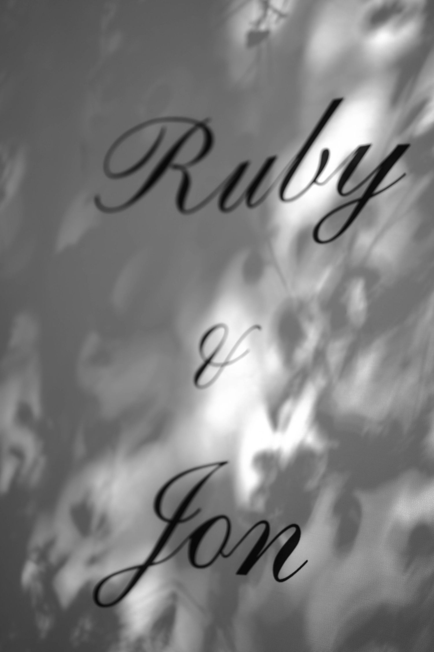 Elegant calligraphy text in black script appears blurred against a light background.