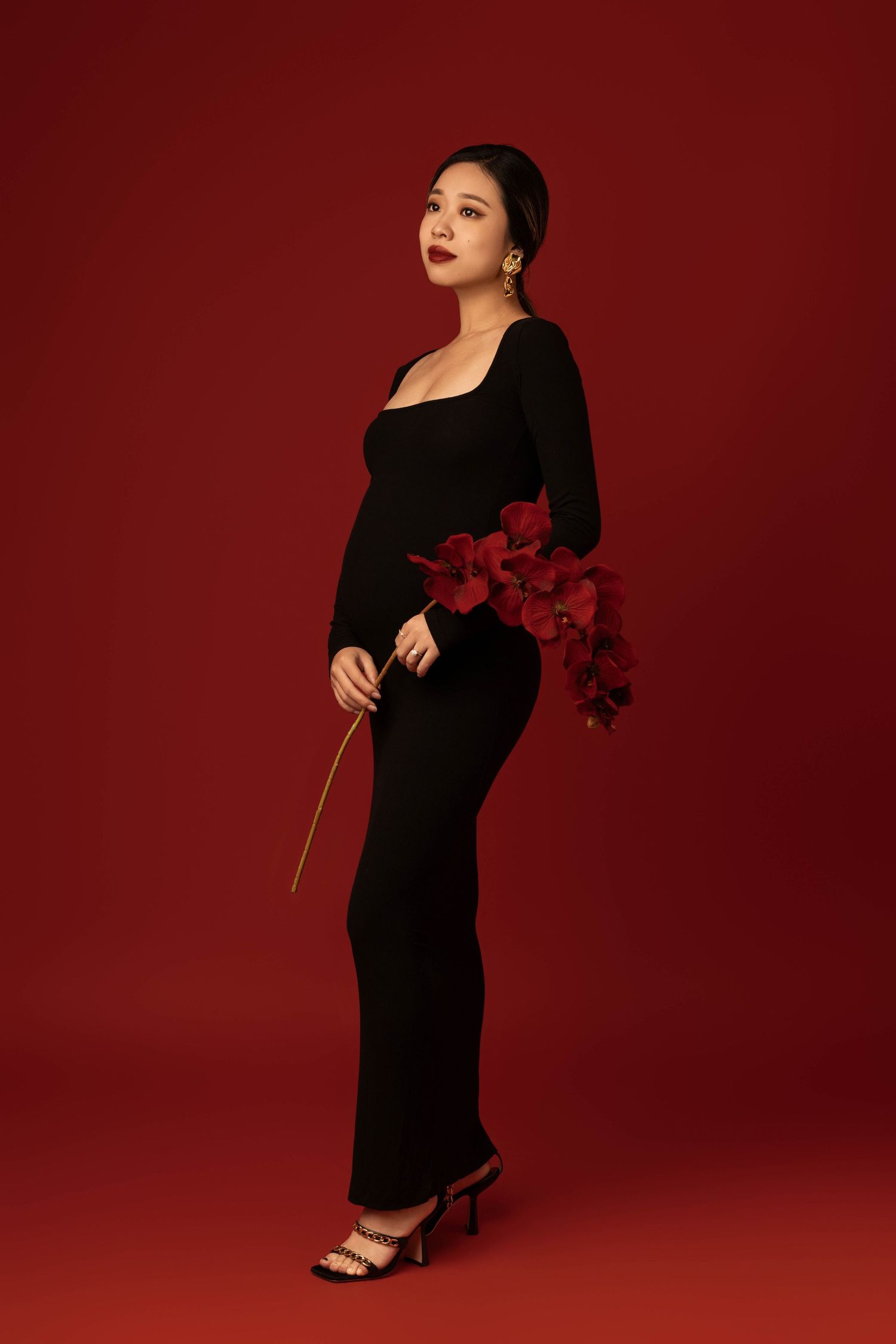 Elegant fashion portrait with black gown and red flowers against deep red background.