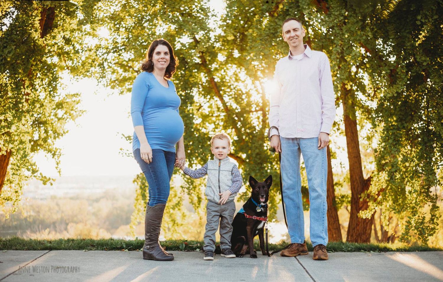 Pregnant woman and man stand outdoors with toddler and black dog, surrounded by lush green trees in warm sunlight. Maternity Photography