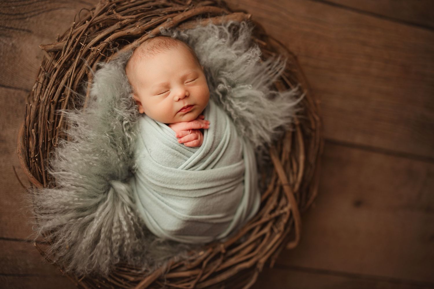 Sleeping newborn baby swaddled in mint wrap, nestled in rustic twig nest with fluffy gray fur, smiling peacefully.Richmond newborn photo