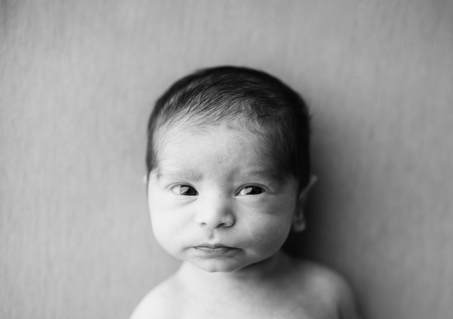 Black and white newborn portrait of an alert baby with dark hair looking directly at the camera. Petersburg newborn photographer