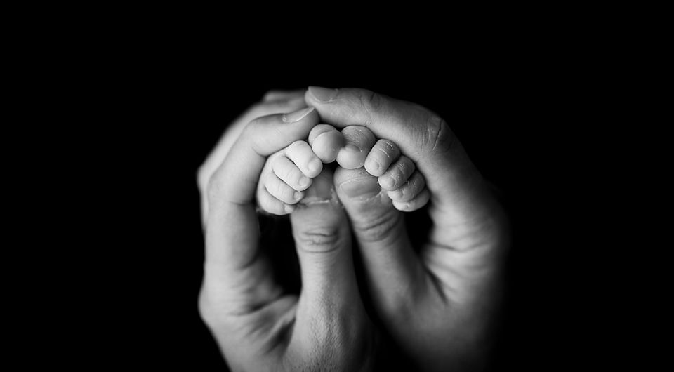 Black and white photo of a newborn baby's tiny hands gently clasped within a parent's loving hands. Richmond VA newborn photography