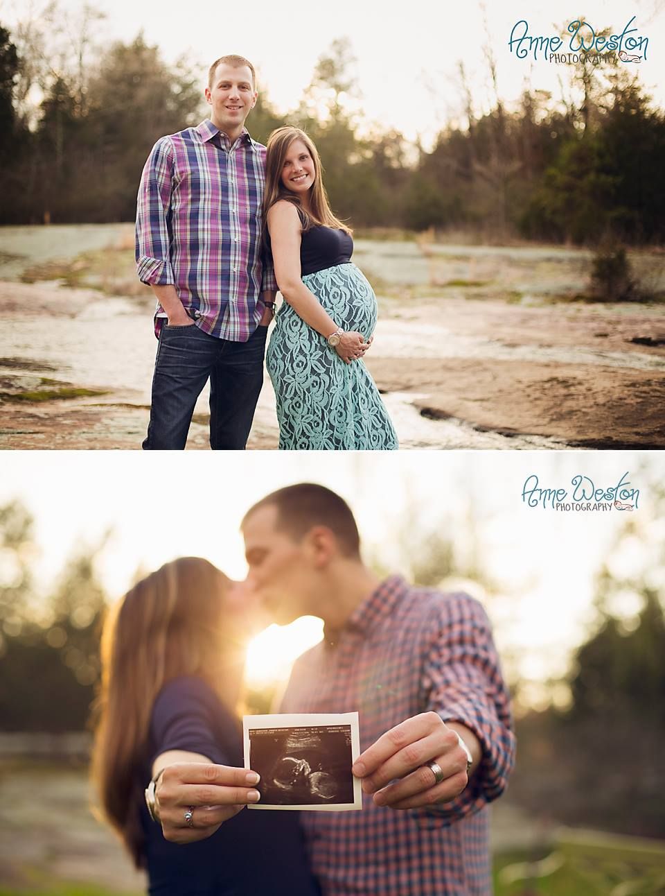 Maternity photo collage of couple outdoors and kissing while holding an ultrasound in golden light. goochland maternity photographer