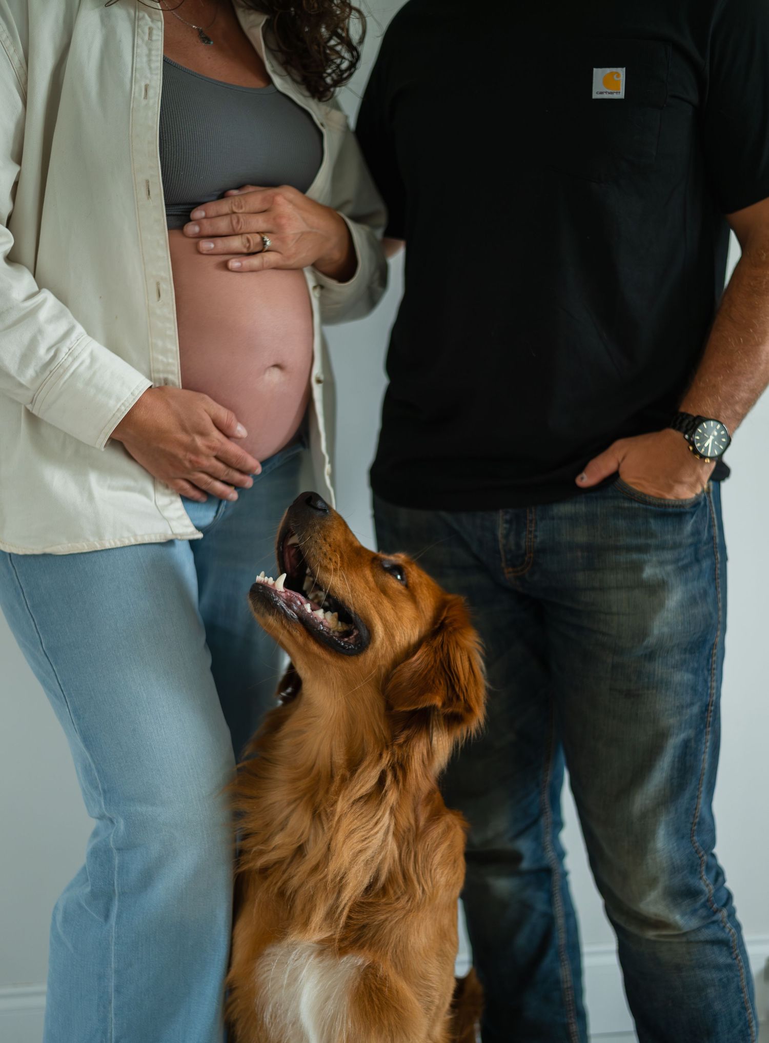 Pregnant couple with golden retriever dog looking up at baby bump during maternity photo session.