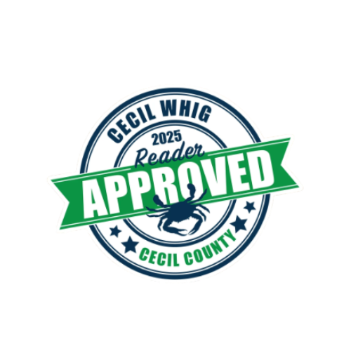 A circular blue and green approval stamp design with text reading 'Cecil Wrig 2025 Reader Approved Cecil Country'.