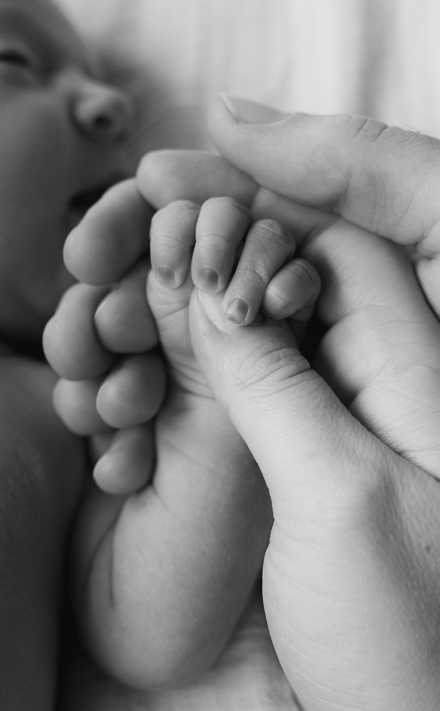 A tender black and white close-up of tiny baby fingers being gently held by adult hands.