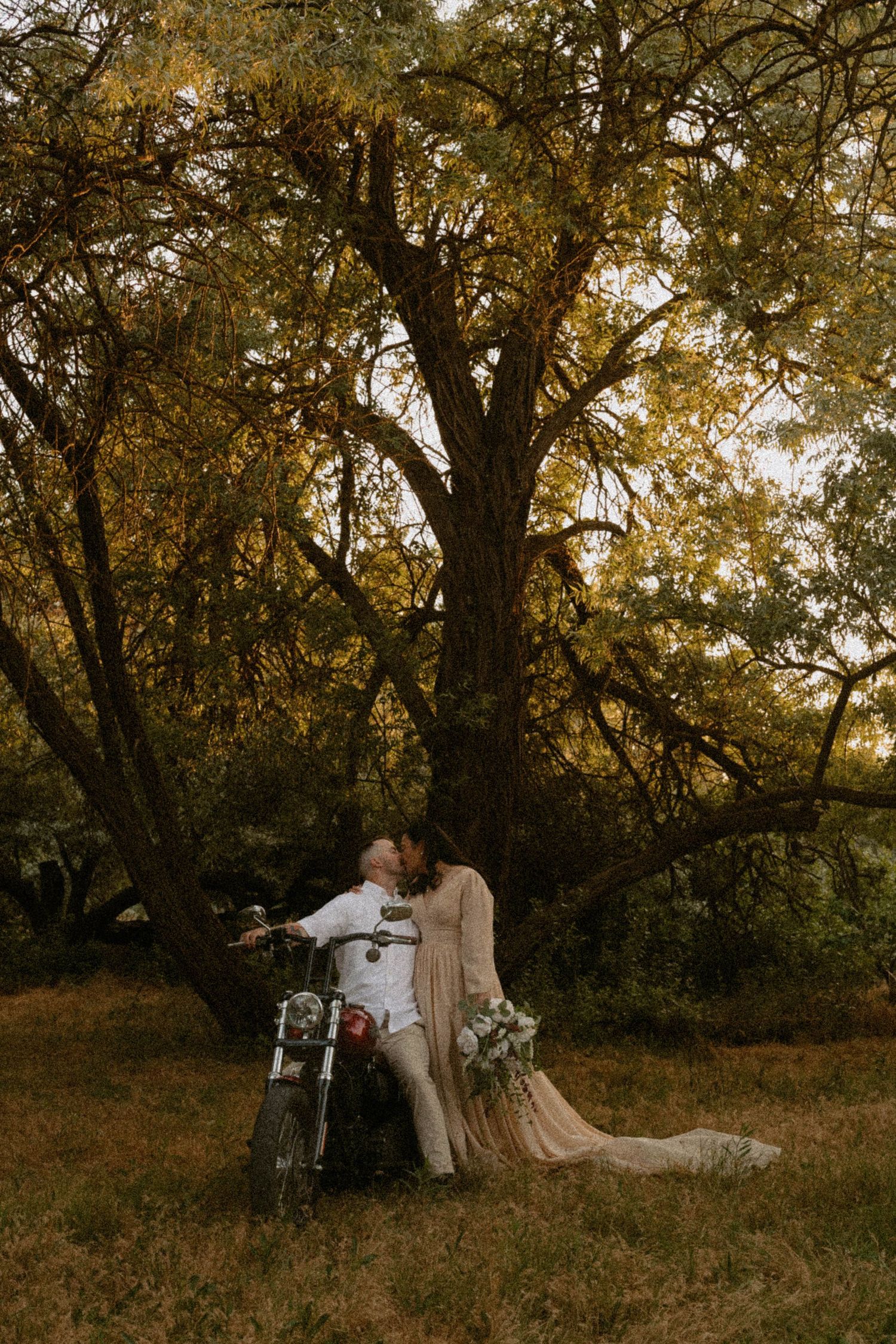 A couple shares a kiss beside a motorcycle under a large tree in golden autumn light.