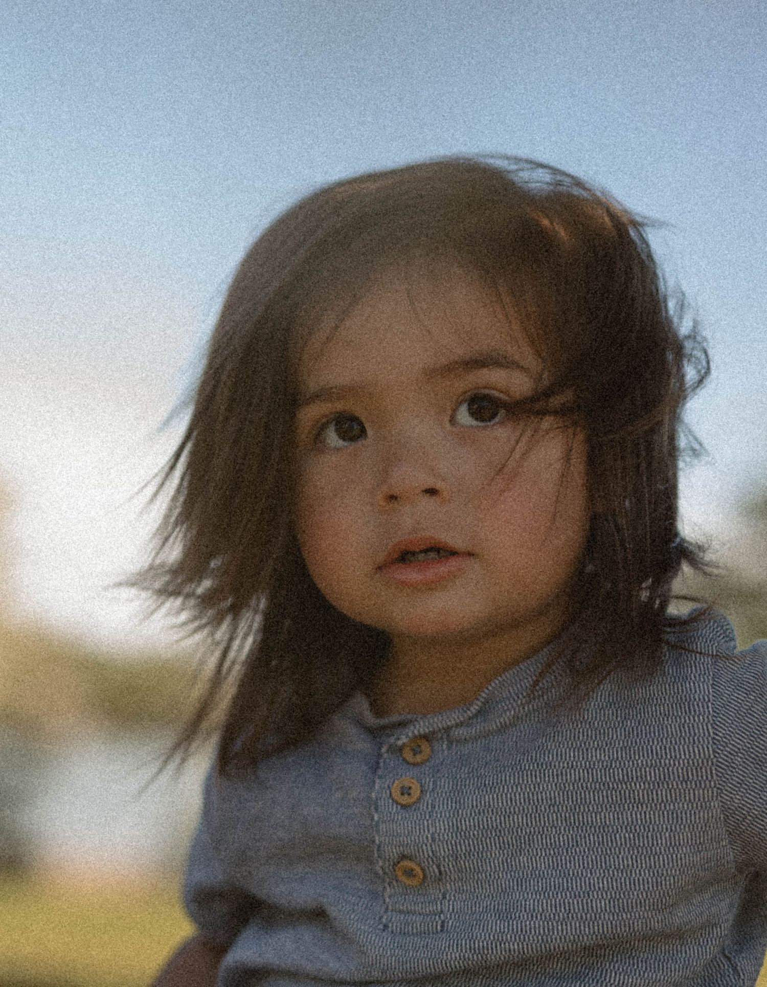 Adorable toddler with dark hair wearing a blue henley shirt gazes outdoors at dusk.
