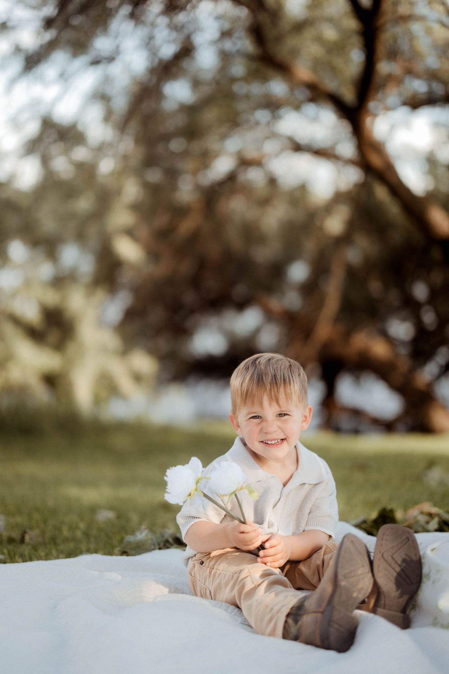 Happy toddler boy sits on white blanket holding white flower in sunny park setting.
