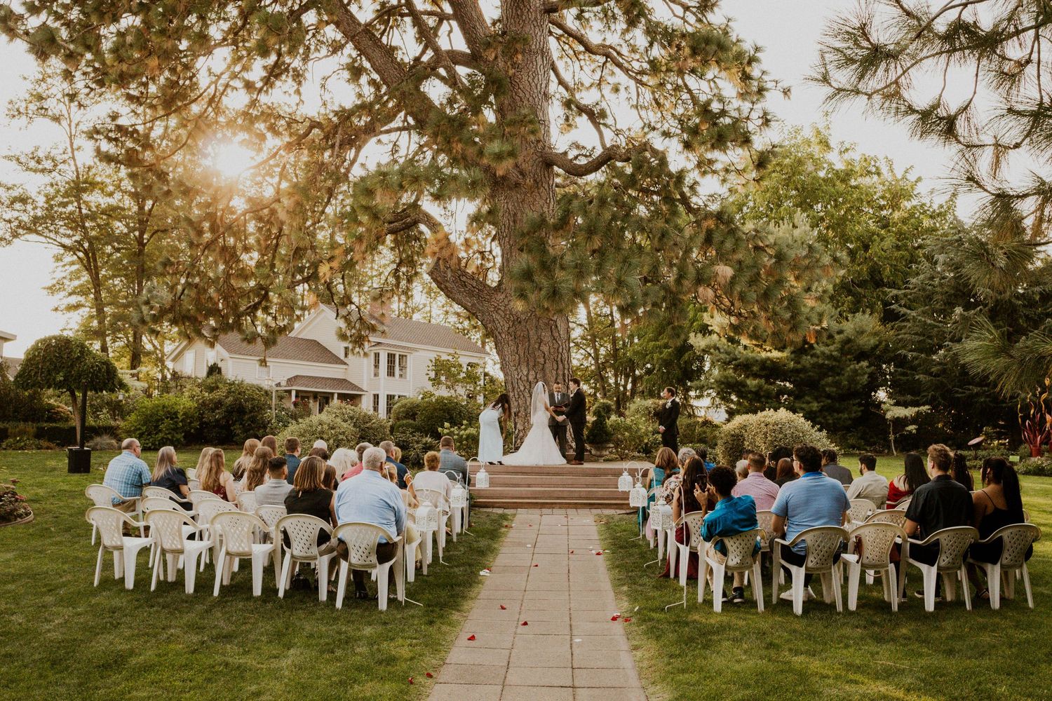 An outdoor wedding ceremony with guests seated on white chairs beneath a large tree at sunset.