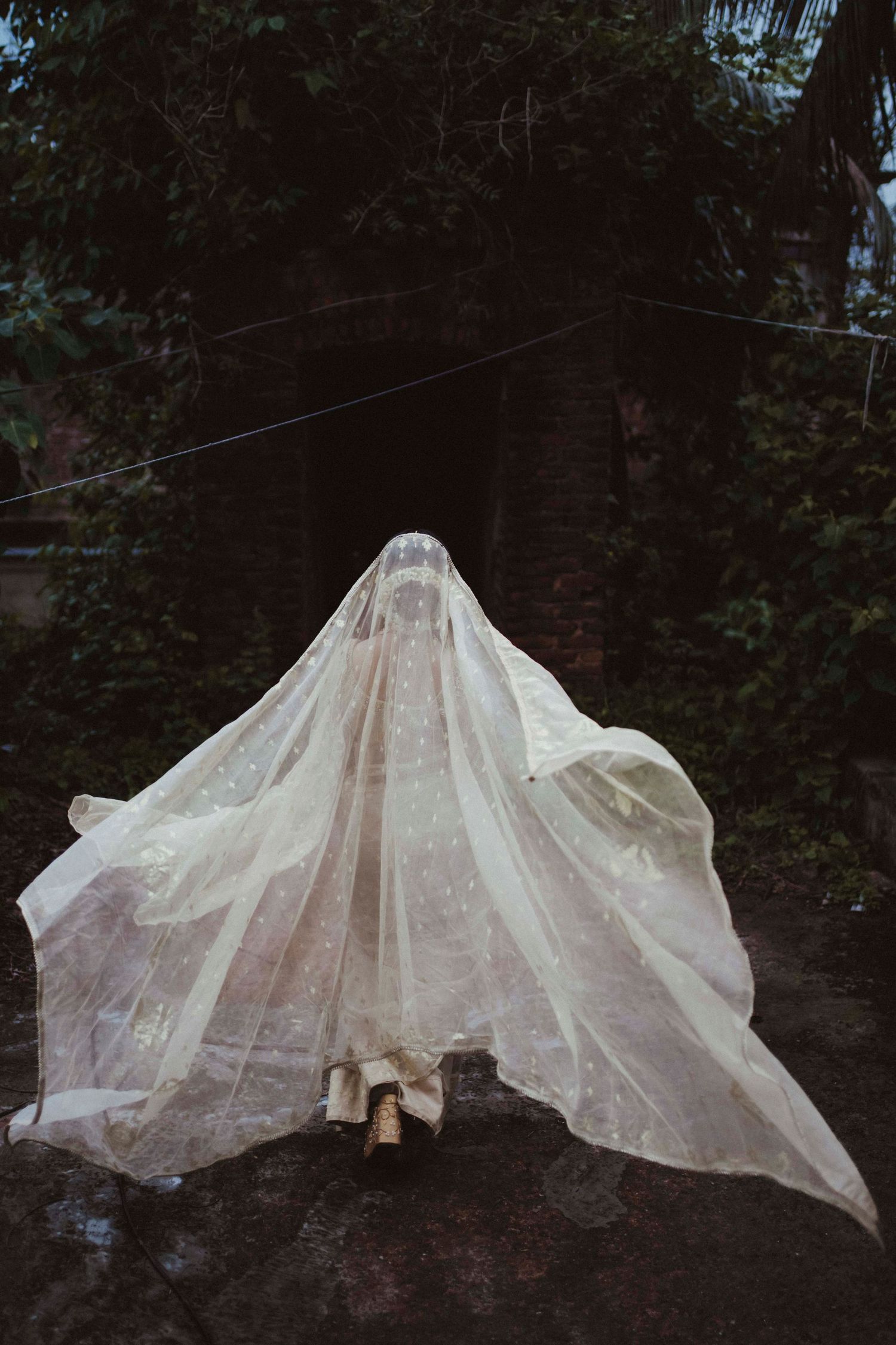 Indian bride dramatically veiled in sheer white dupatta spread wide like wings in dark garden.