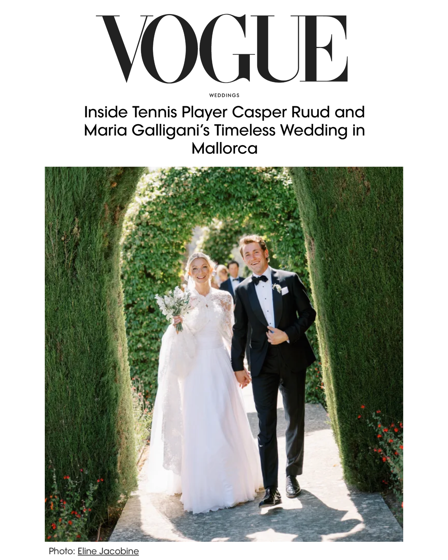 Vogue Weddings feature of tennis player Casper Ruud and Maria Galligani in Mallorca, bride in white gown, groom in tuxedo.