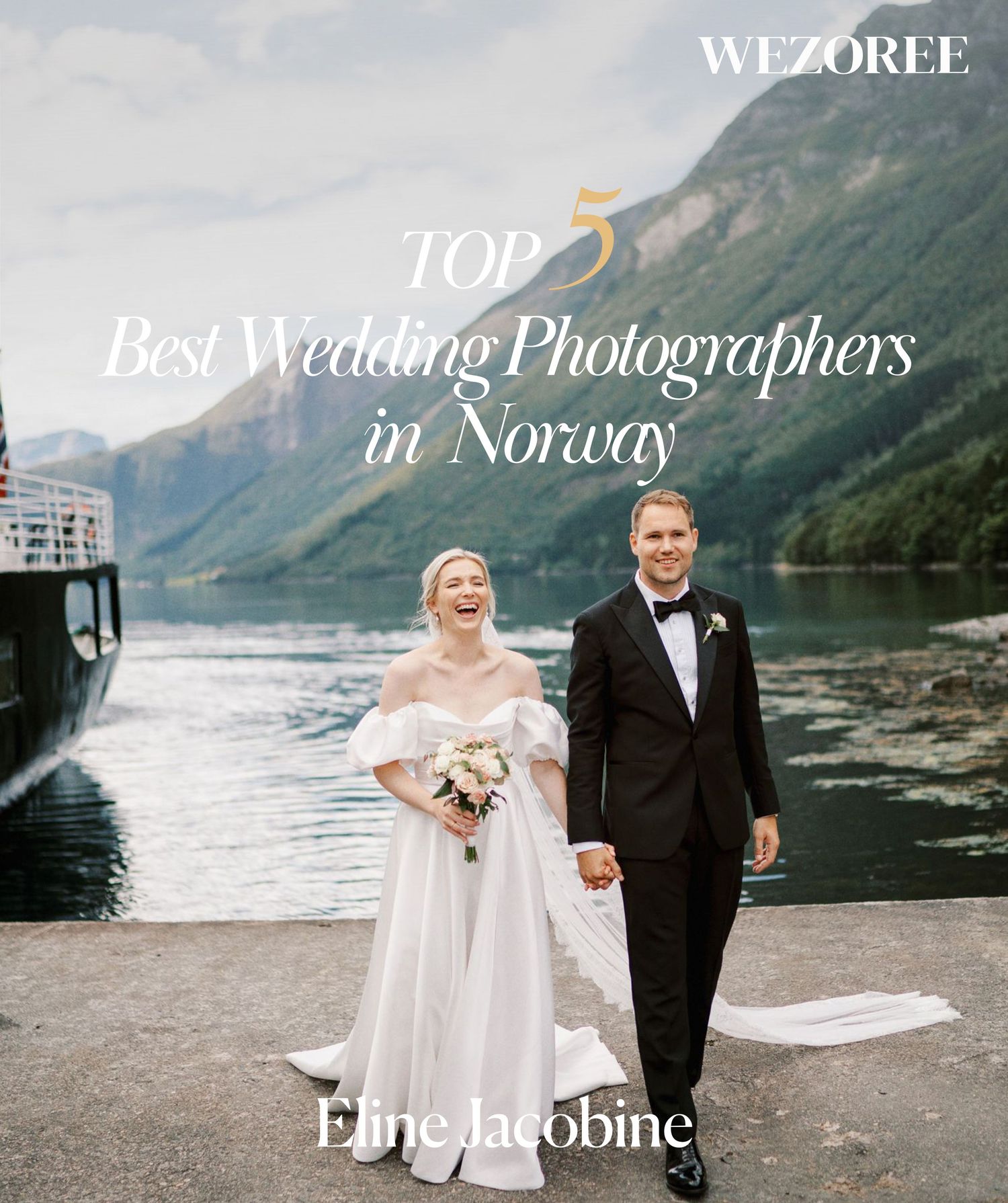 Wezoree Top 5 Best Wedding Photographers in Norway award featuring couple by fjord.