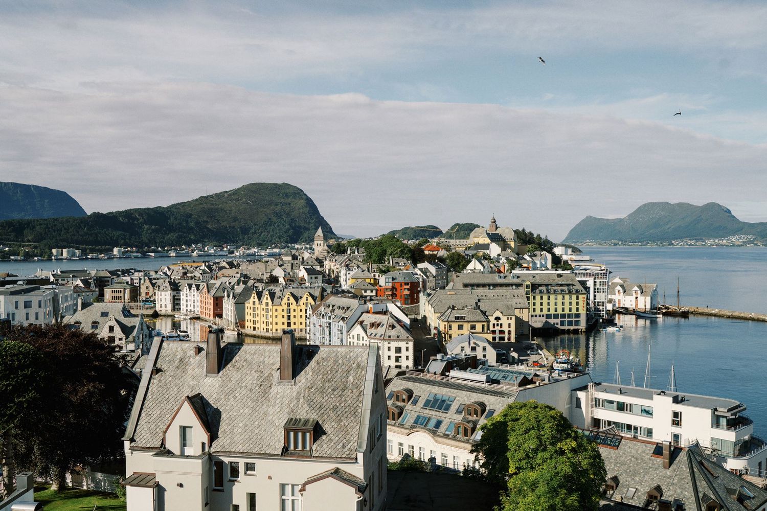 Aerial view of Ålesund, Norway, showcasing colorful buildings along the waterfront with green hills in the background.