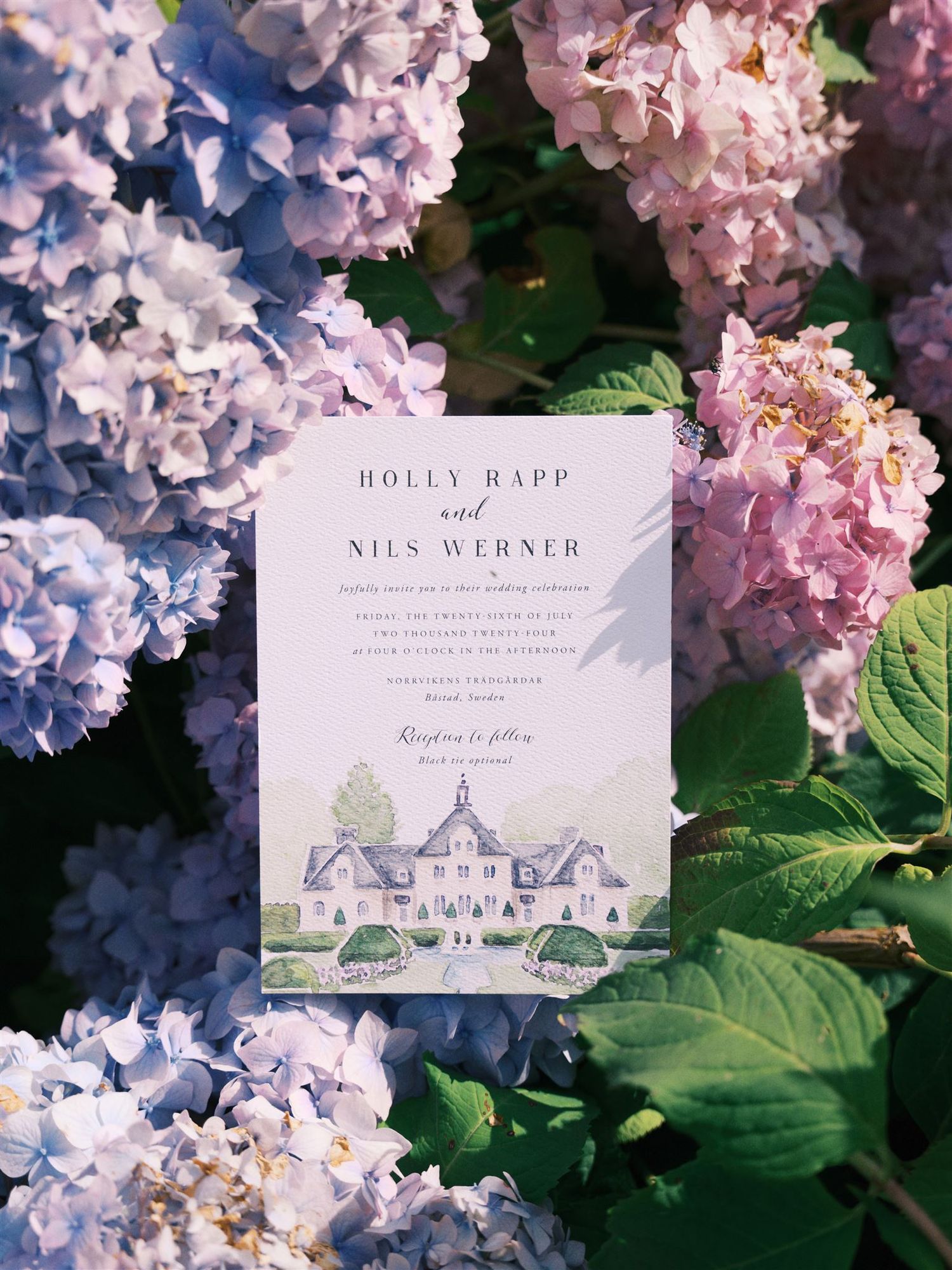 Elegant wedding invitation for Holly Rapp and Nils Werner surrounded by blue and pink hydrangeas.