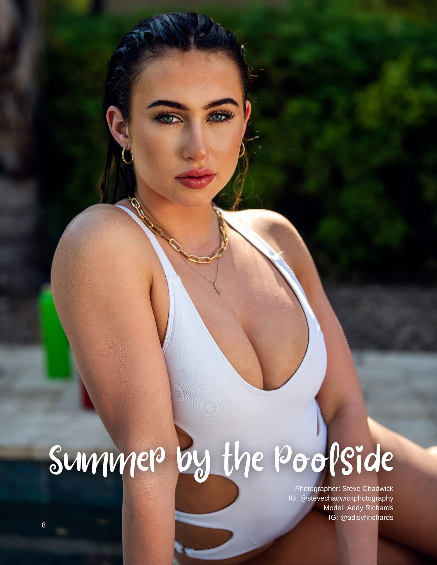 A brunette model in a white one-piece swimsuit poses poolside in a summer editorial shoot.
