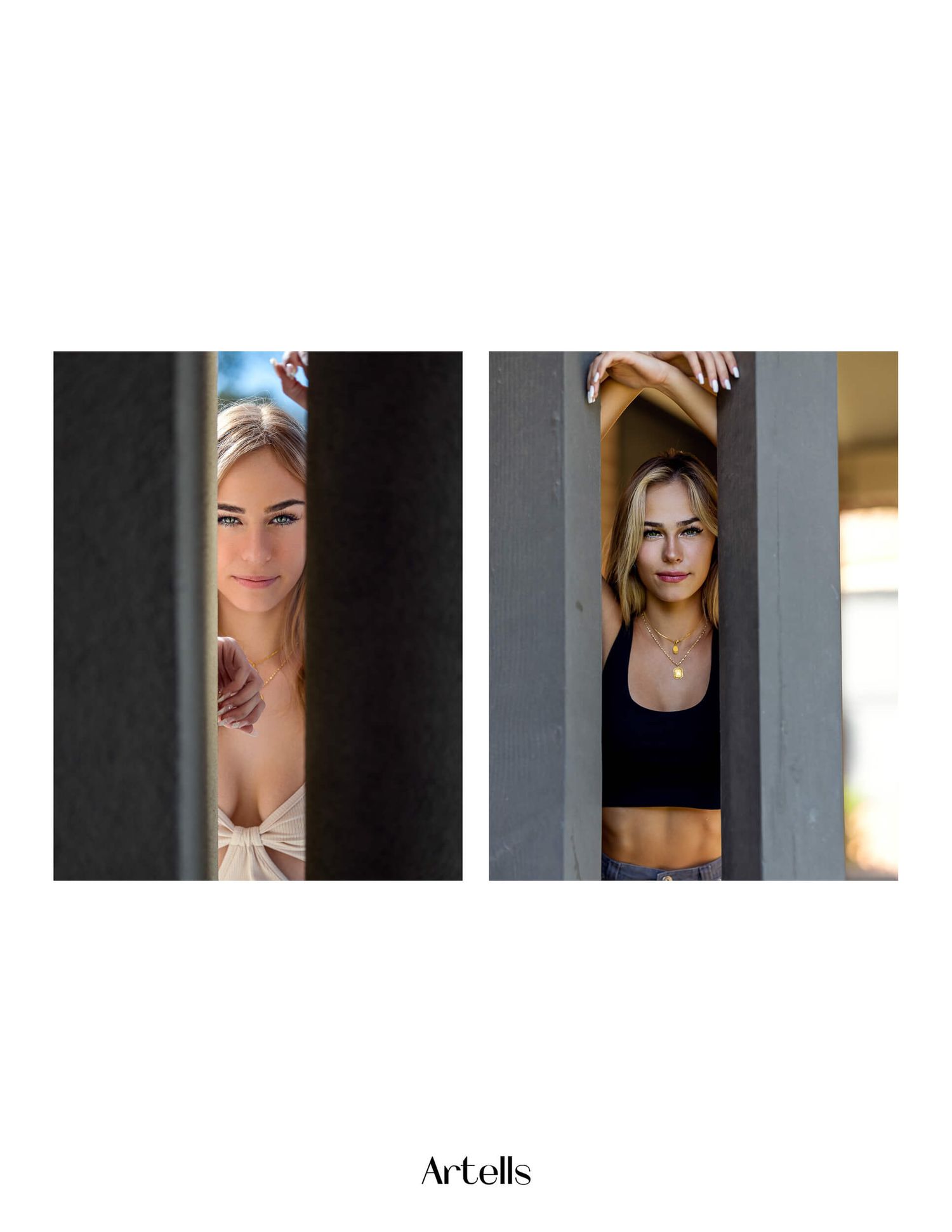 Blonde woman peeking from behind gray pillar in two outdoor fashion shots.